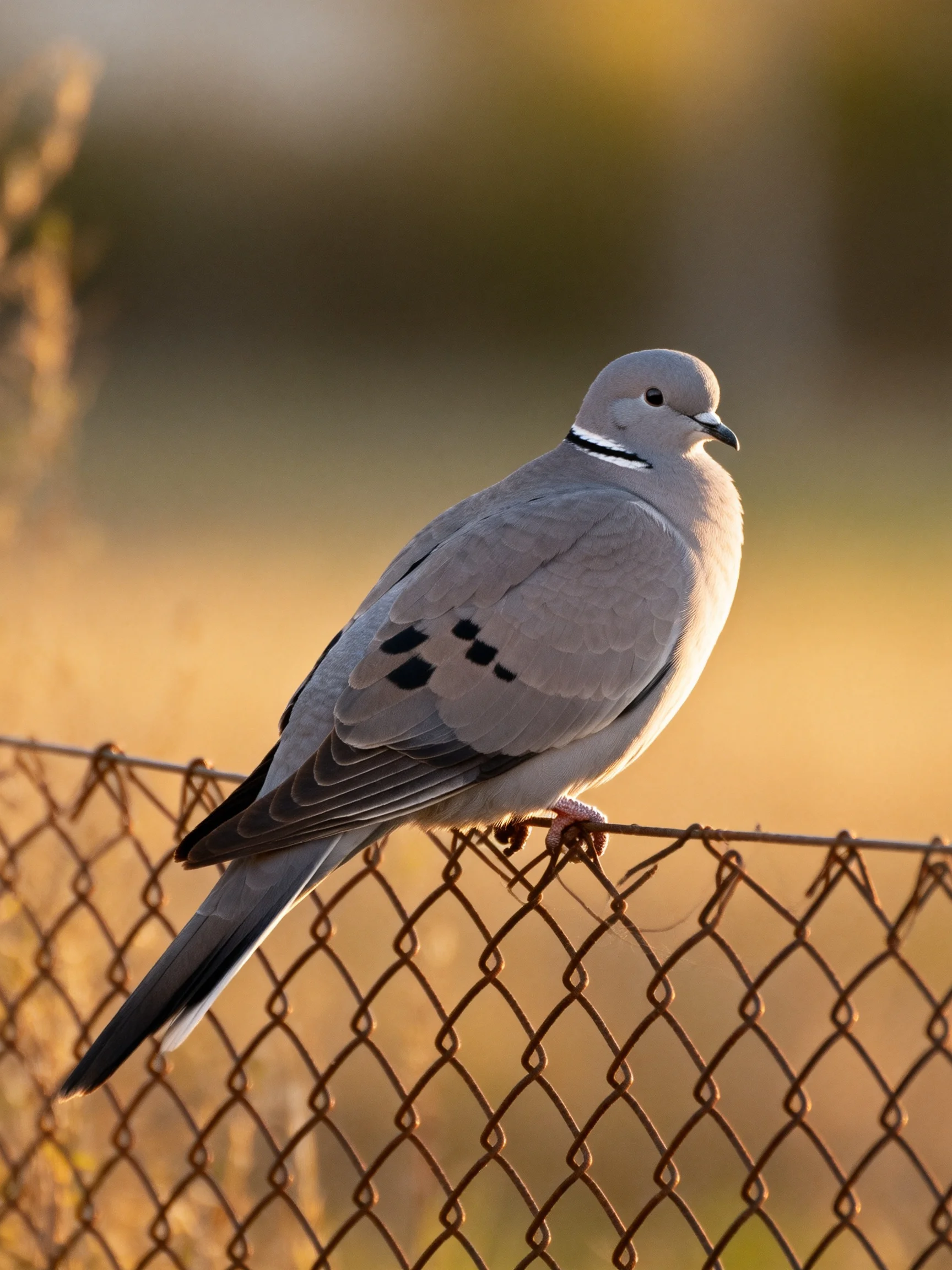 A gray-spotted dove perches on a rusty chain-link fence