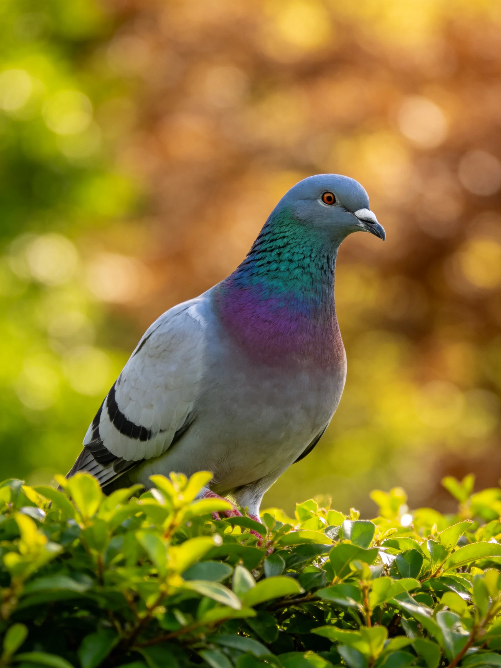 A gray, teal, and purple pigeon perched on lush green foliage