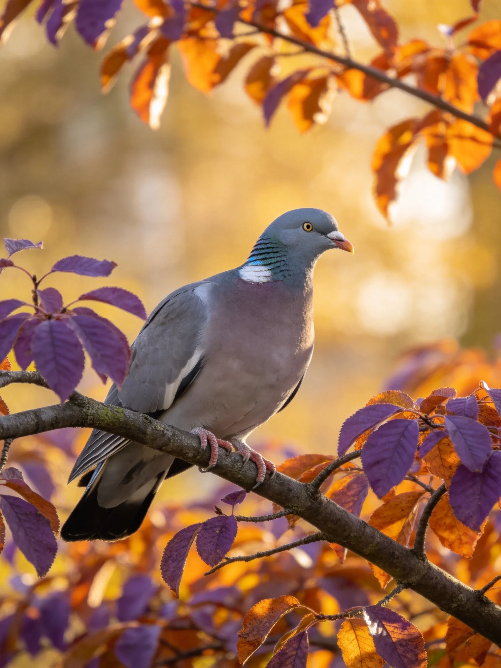 A gray wood pigeon perched amid vibrant autumn-hued leaves