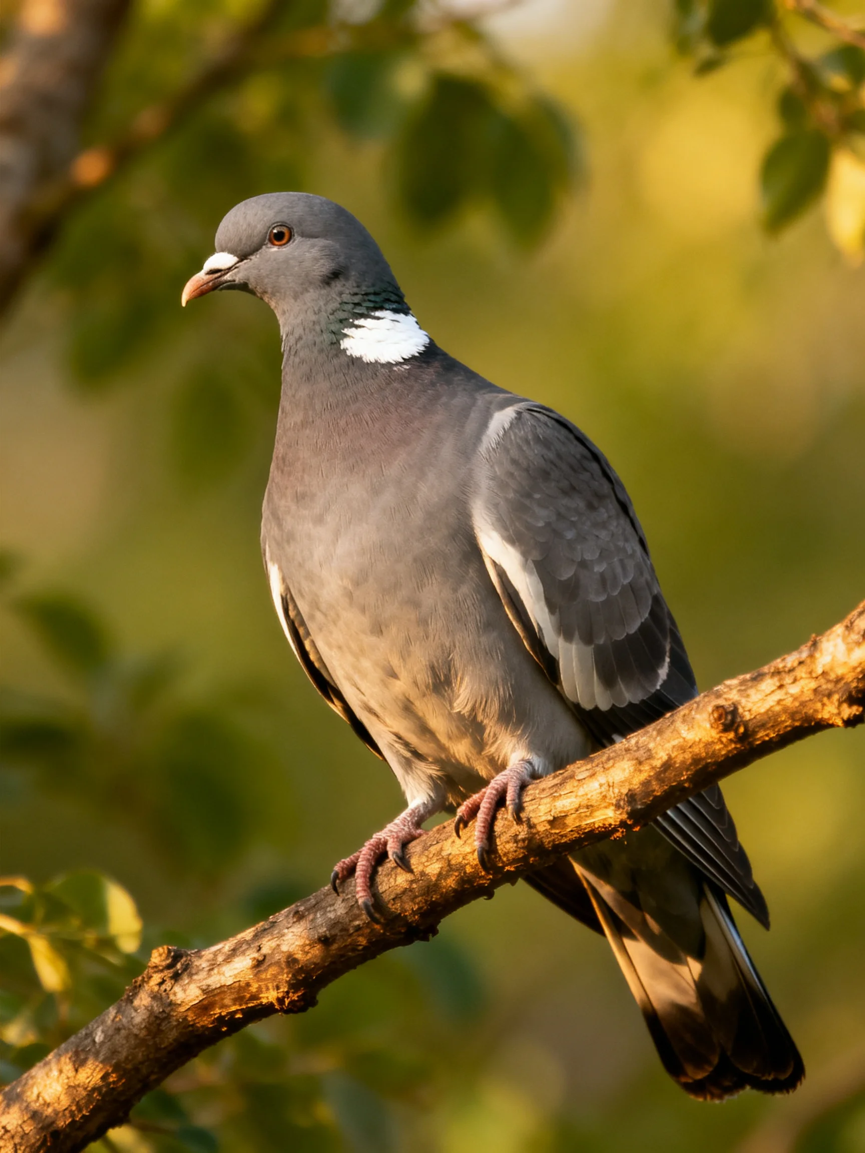 A gray wood pigeon with white neck markings perches on a brown tree branch