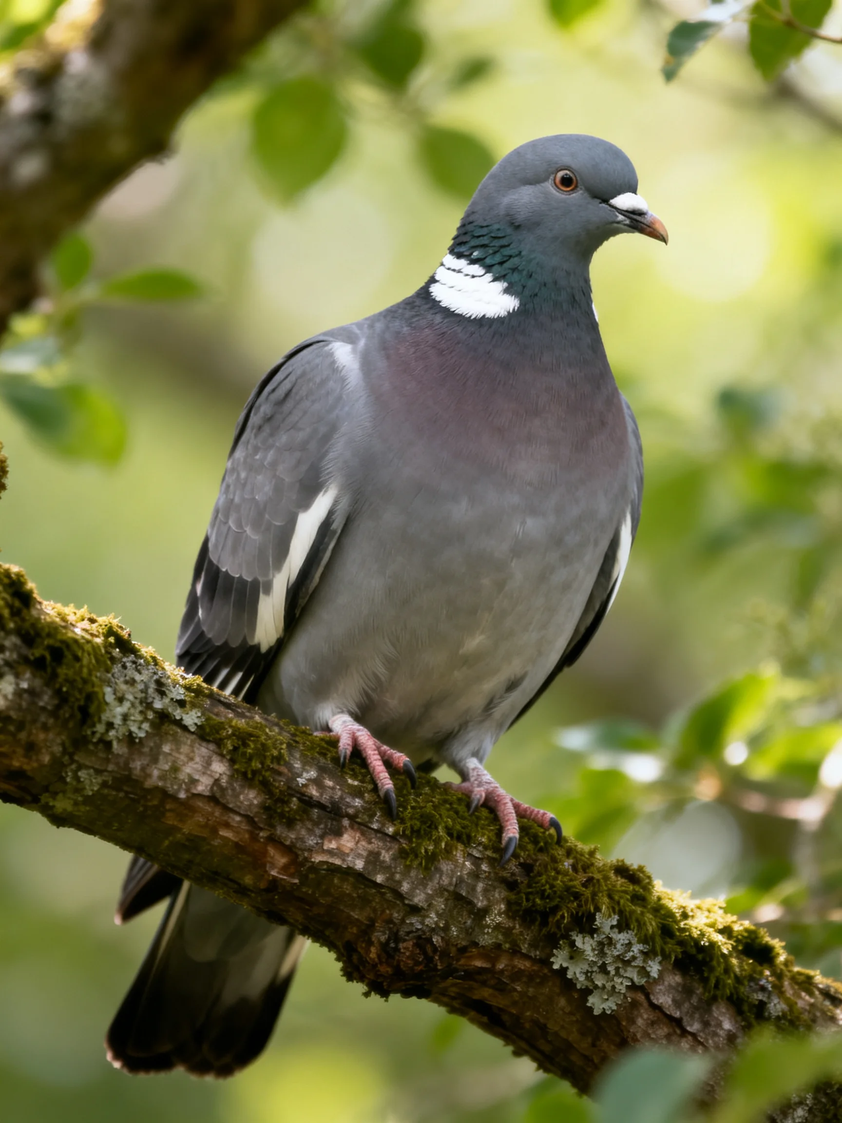 A gray woodpigeon perches on a mossy tree branch