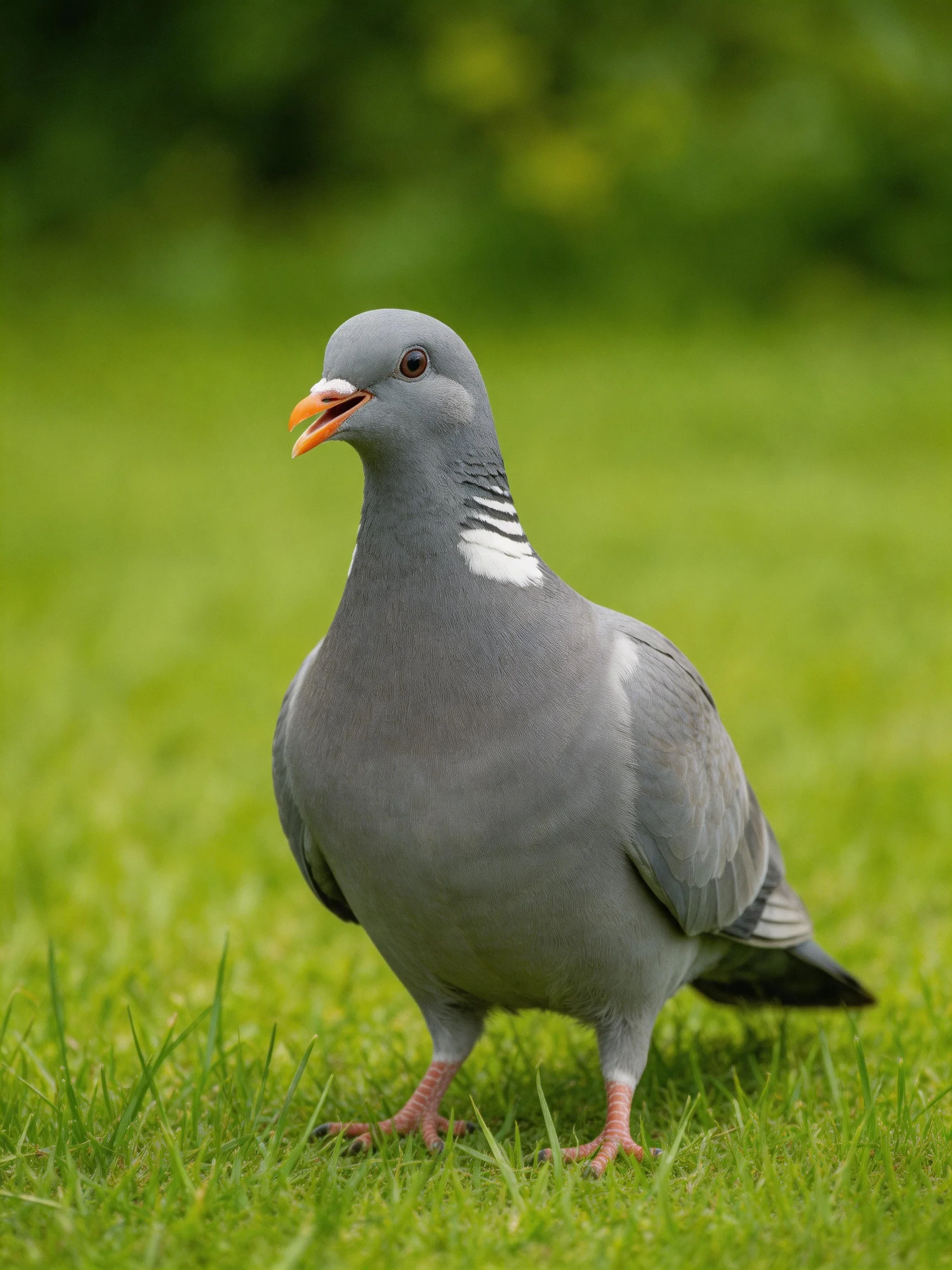 A gray woodpigeon with white markings on green grass