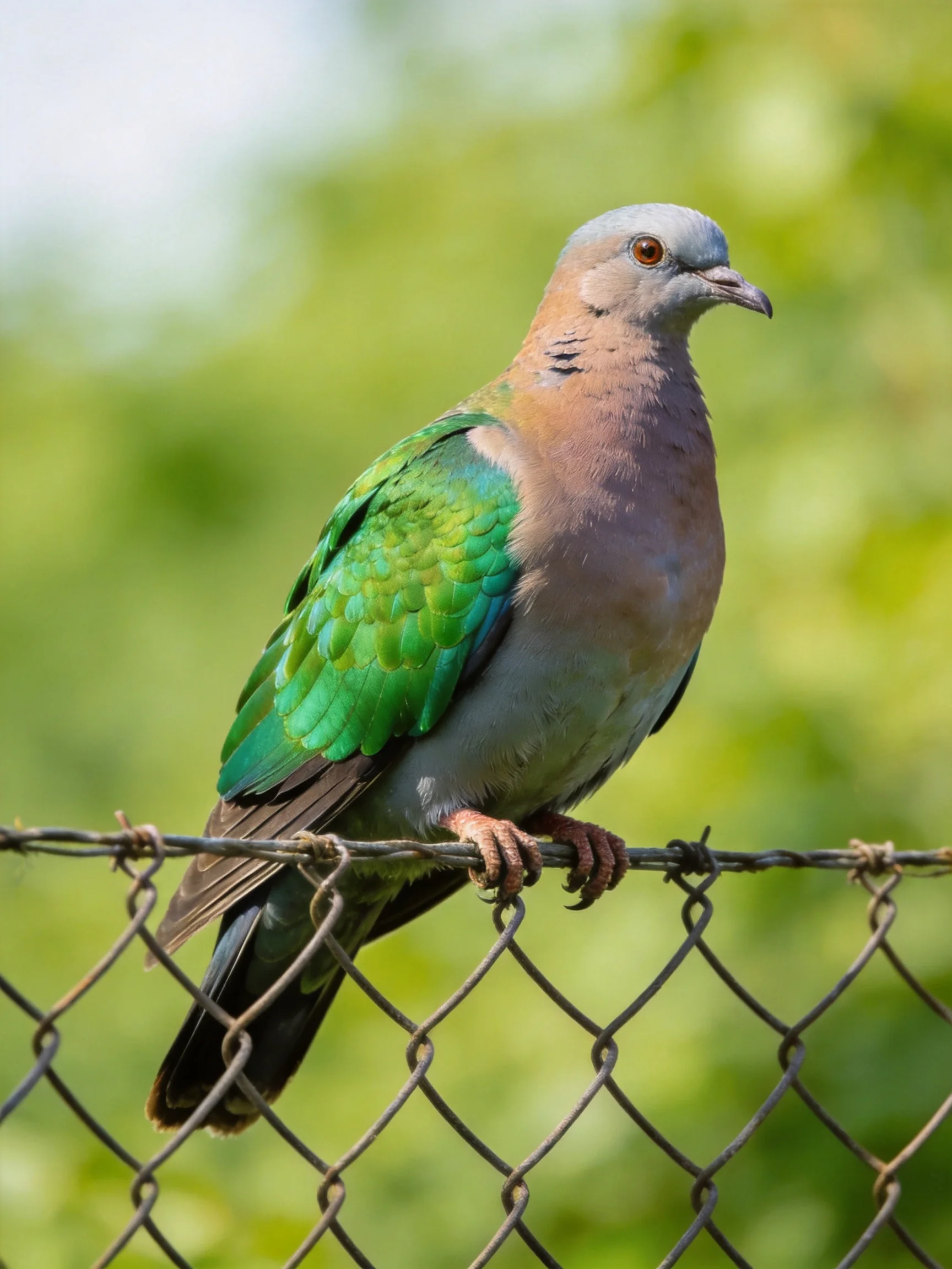 A green and gray pigeon perched on a chain-link fence