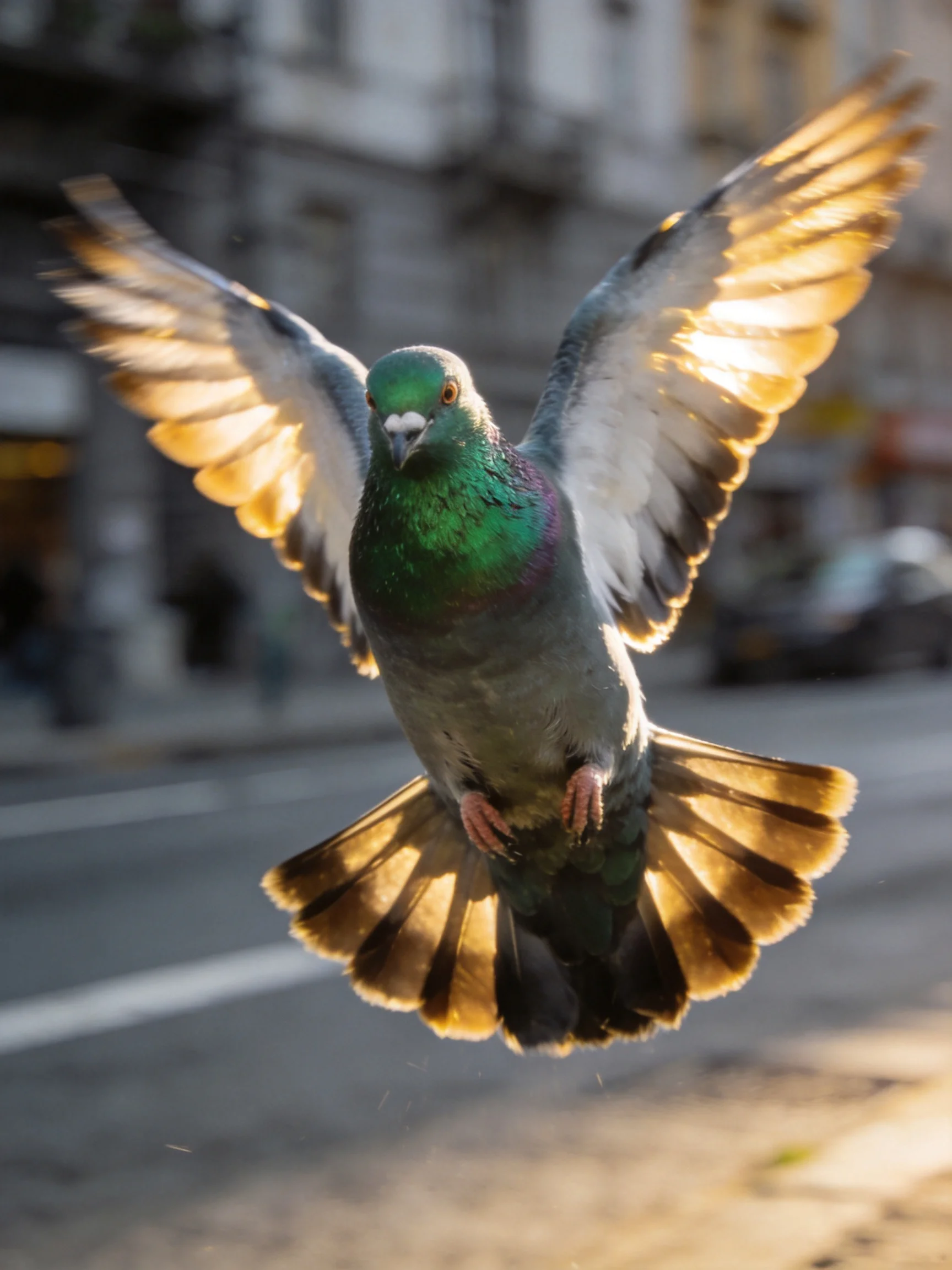 A green-collared pigeon spreads wings mid-flight over an urban street