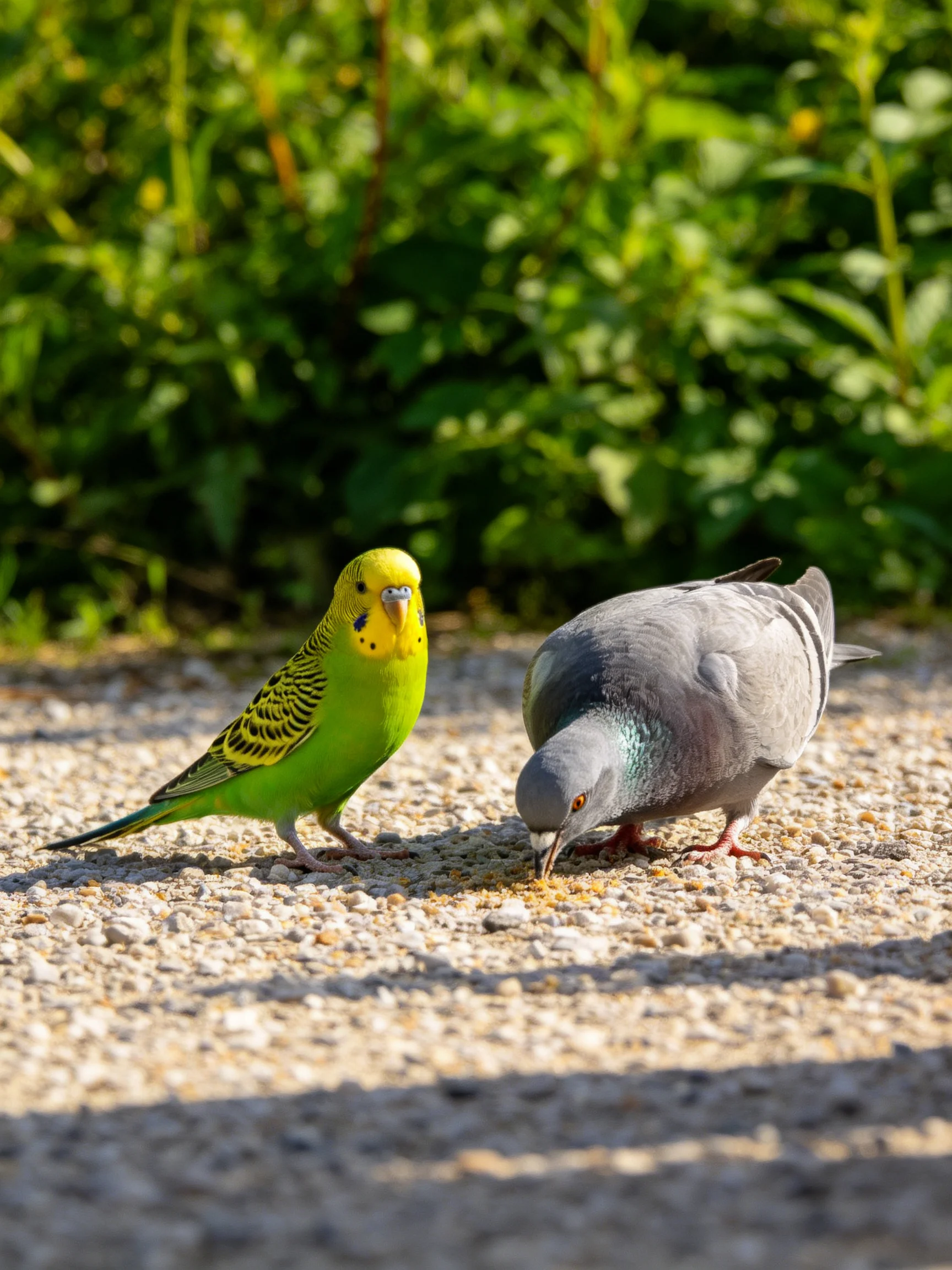A green parakeet and gray pigeon forage on a gravel path near foliage