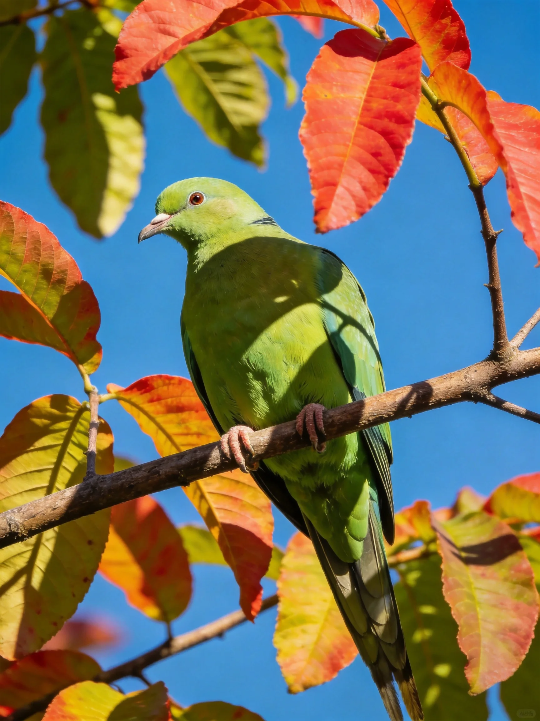 A green pigeon perches on a branch amid colorful autumn leaves under a clear blue sky