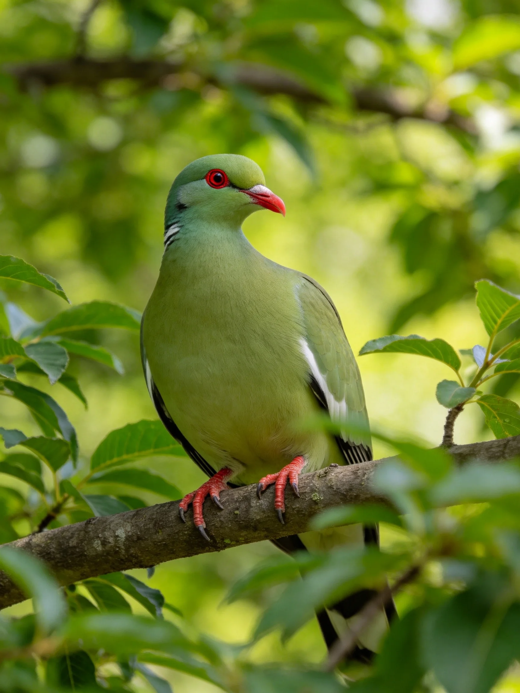 A green pigeon with red accents perched on a tree branch