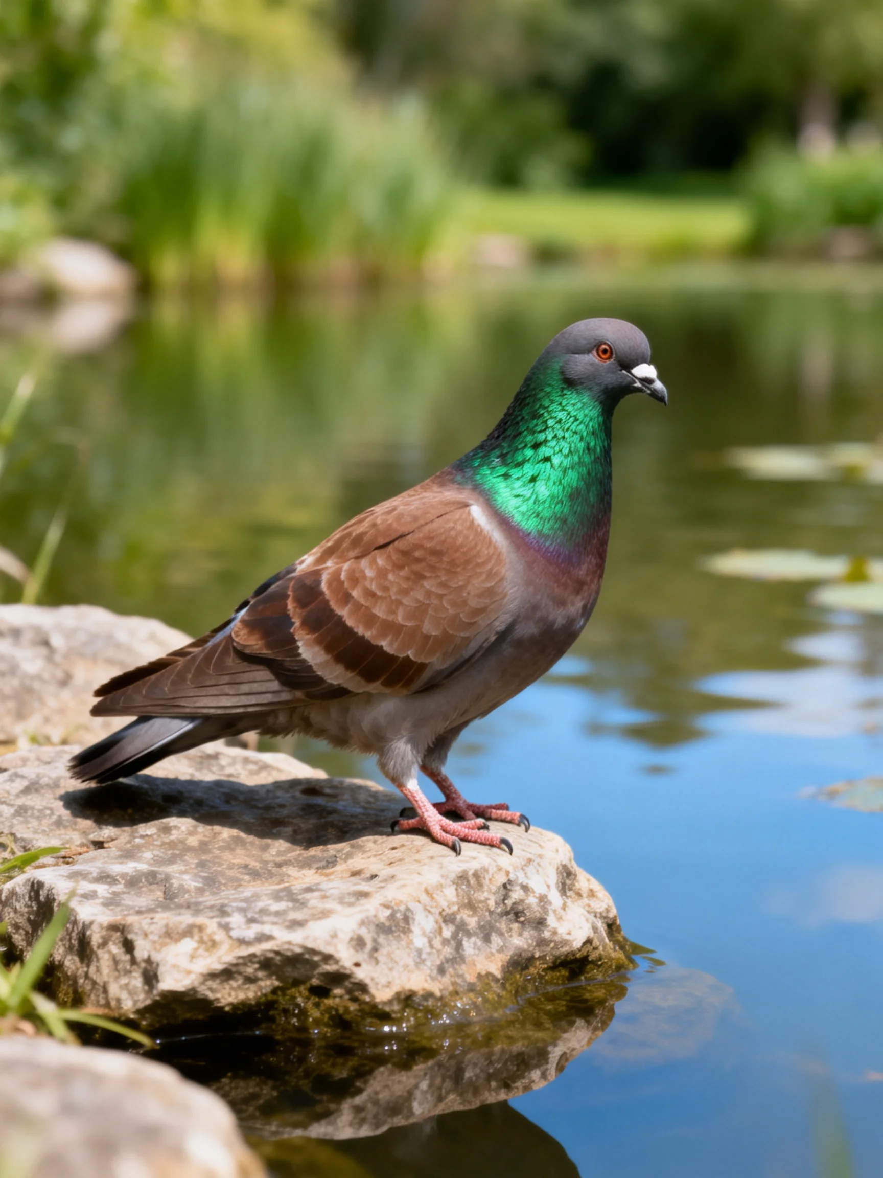 A green-throated pigeon perches on a rocky shore by calm water