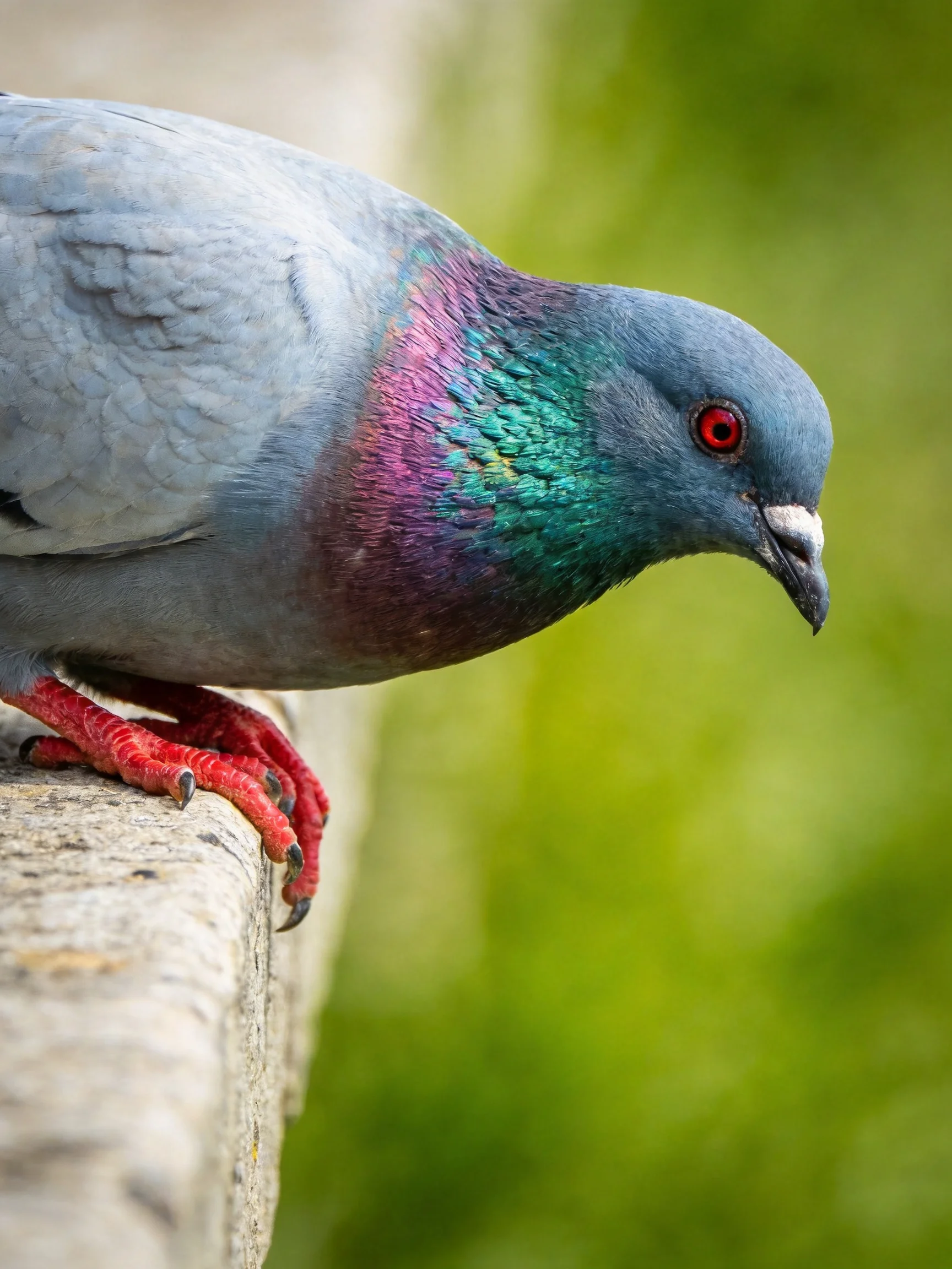 A grey pigeon with iridescent purple-green neck perches on a stone ledge