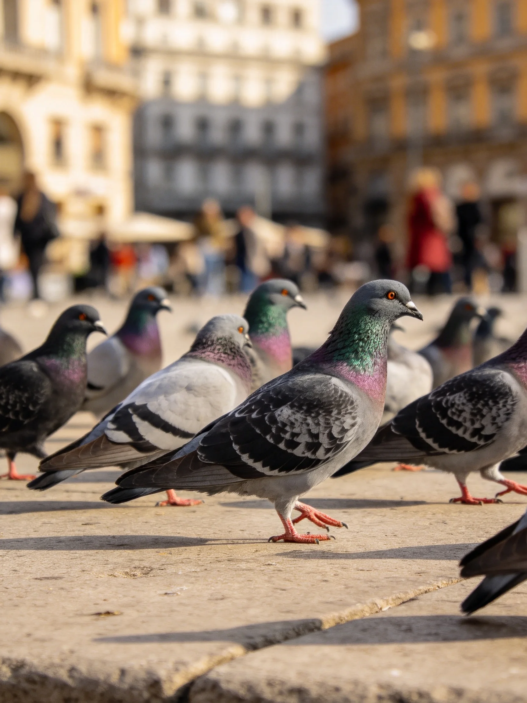A group of colorful pigeons gathered in an urban square
