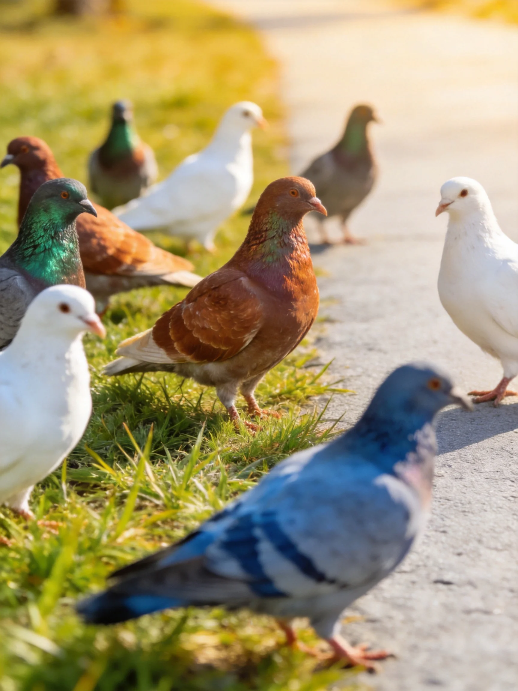 A group of colorful pigeons gathered near a sunny paved path