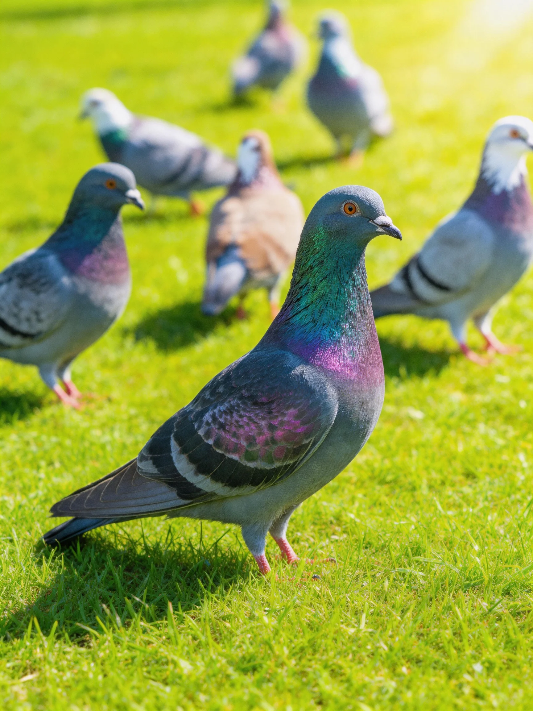 A group of colorful pigeons gathered on vibrant green grass