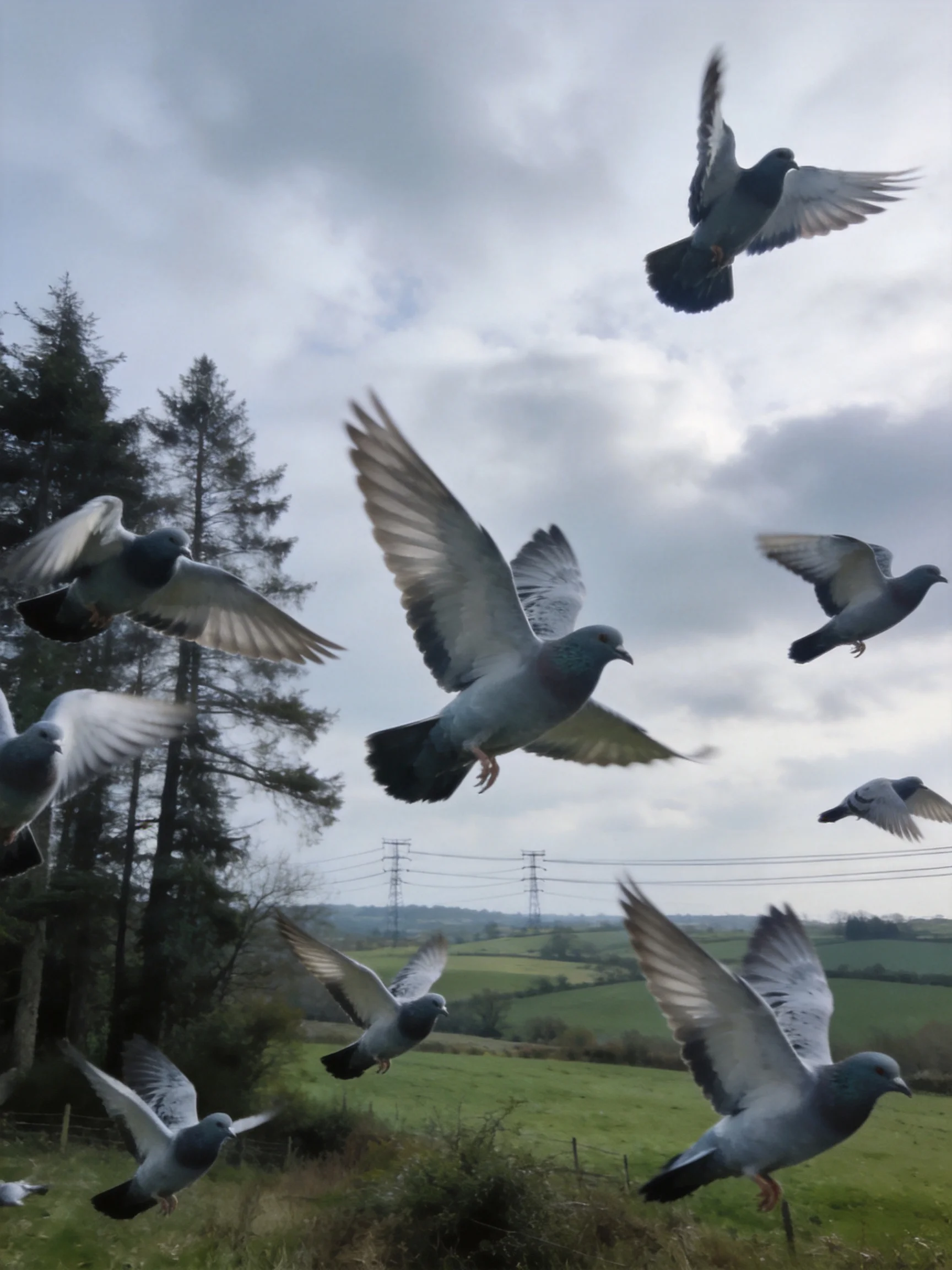 Pigeons fly through the air near trees and open countryside