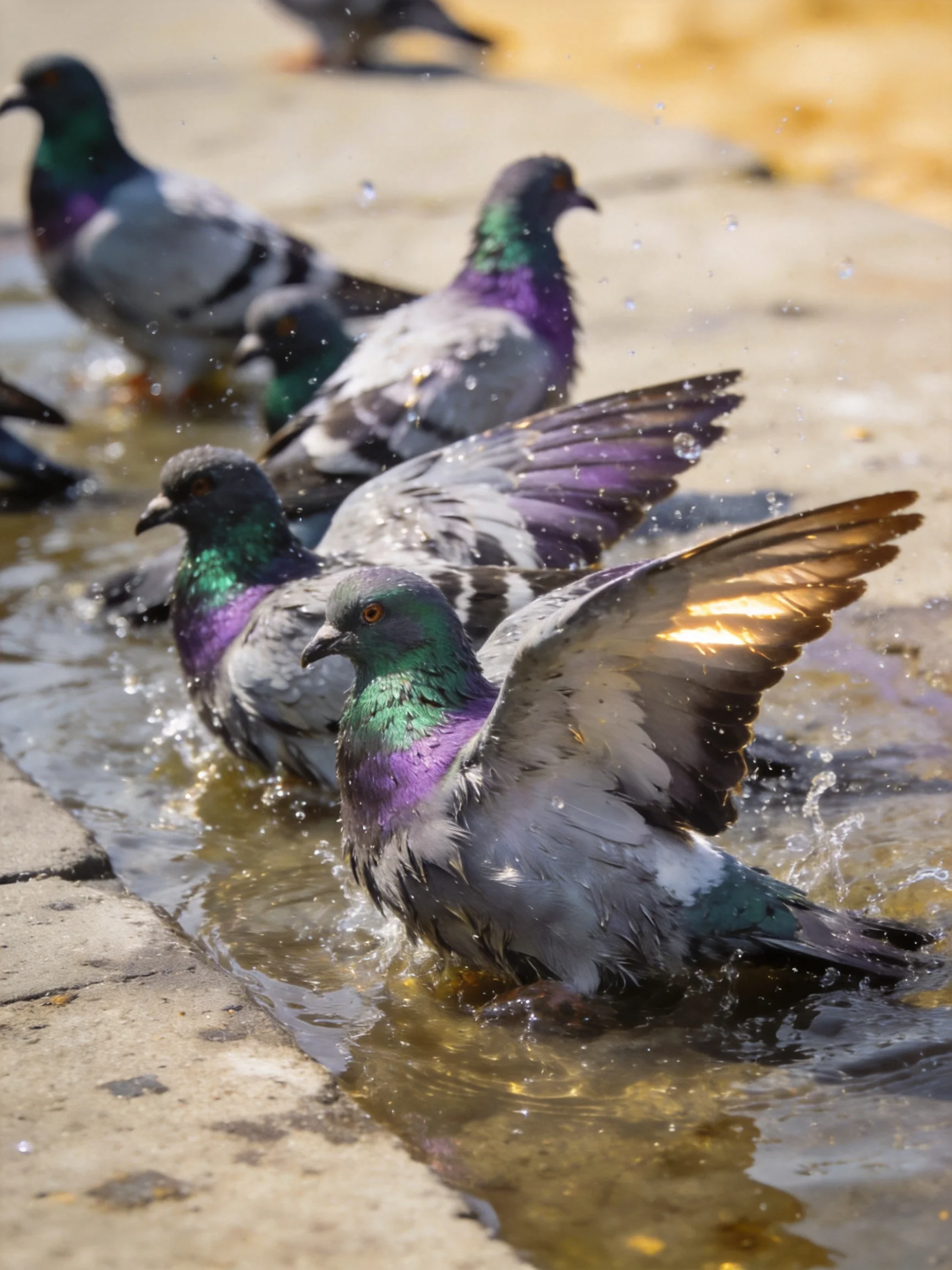 A group of pigeons bathe in shallow water, revealing vibrant plumage.