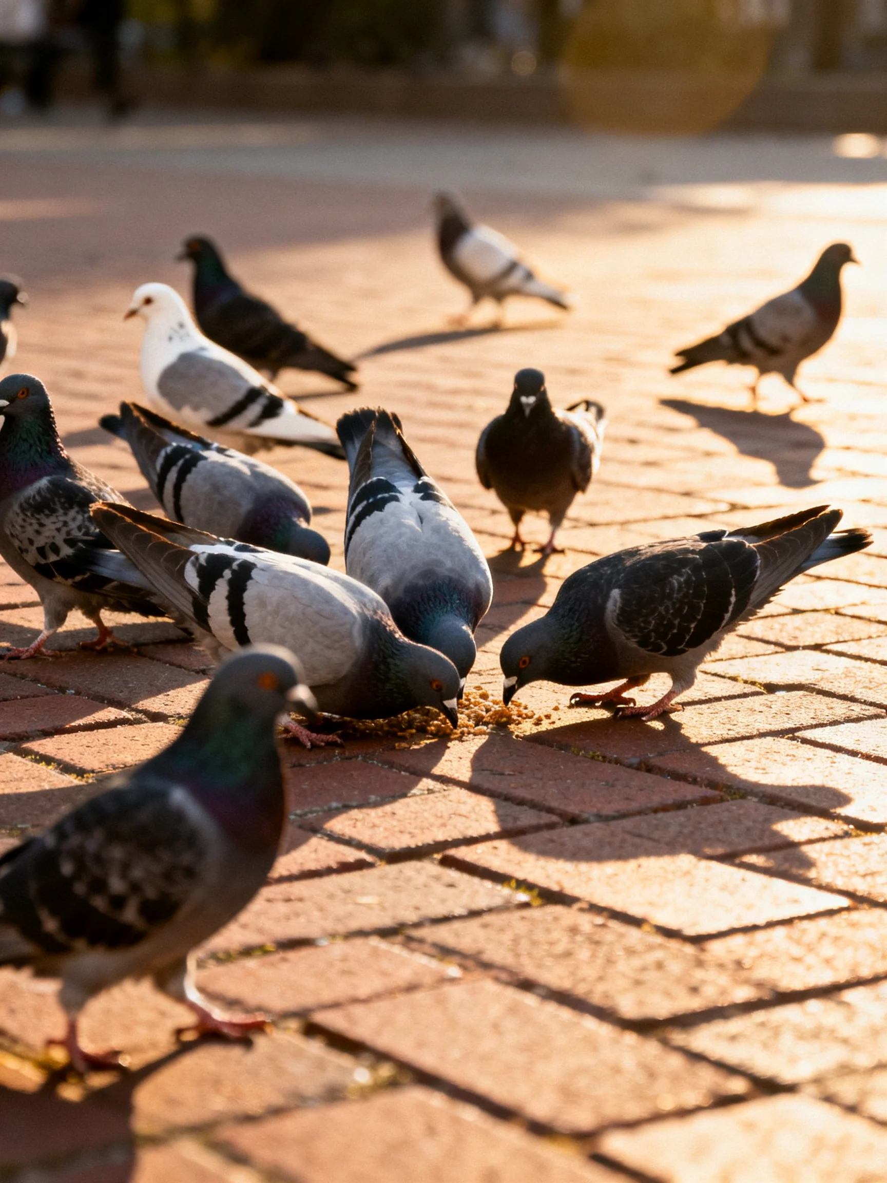 A group of pigeons feeds on food scattered on a sunlit brick pavement