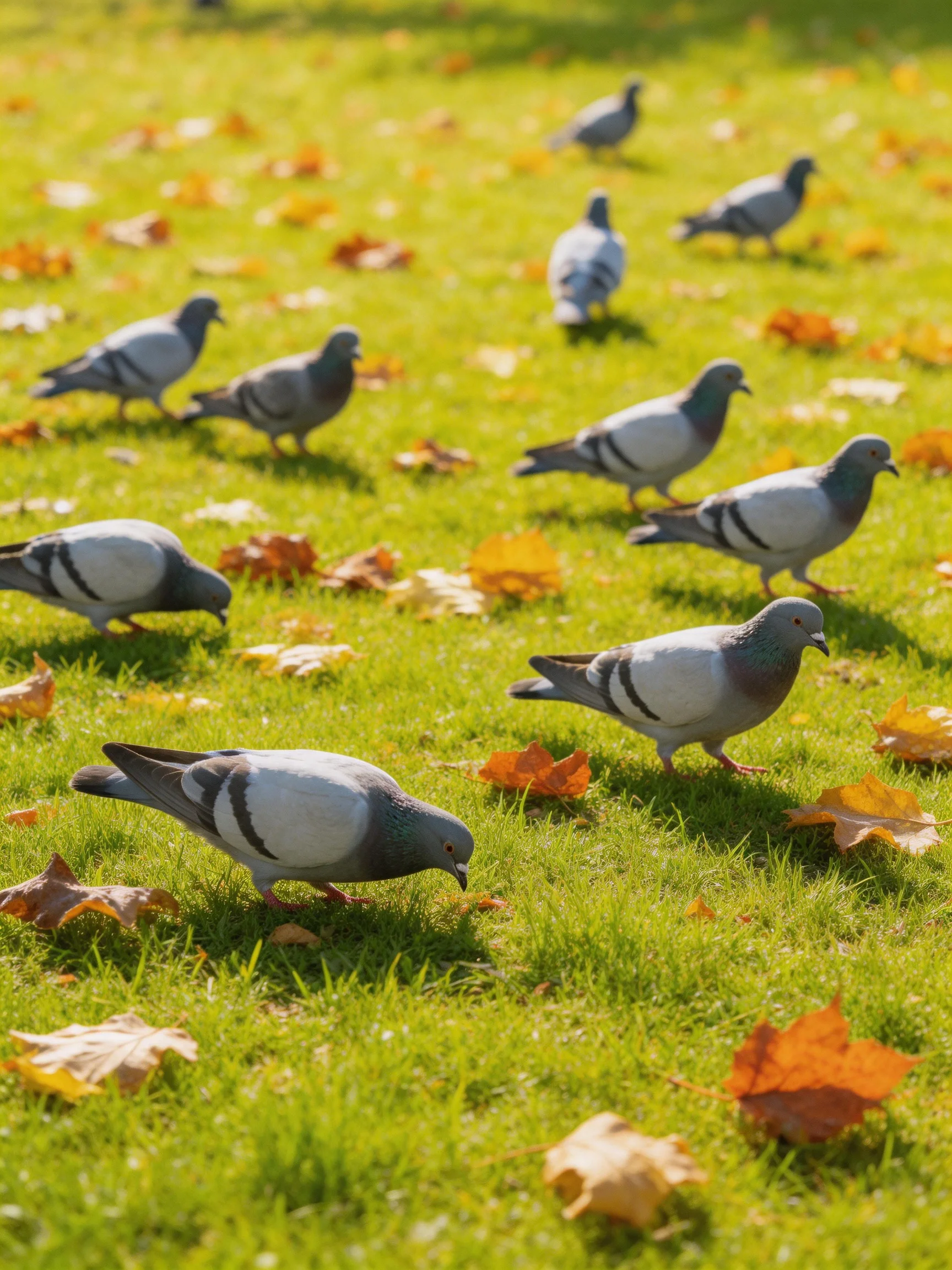 A group of pigeons forages among vibrant green grass and scattered autumn leaves