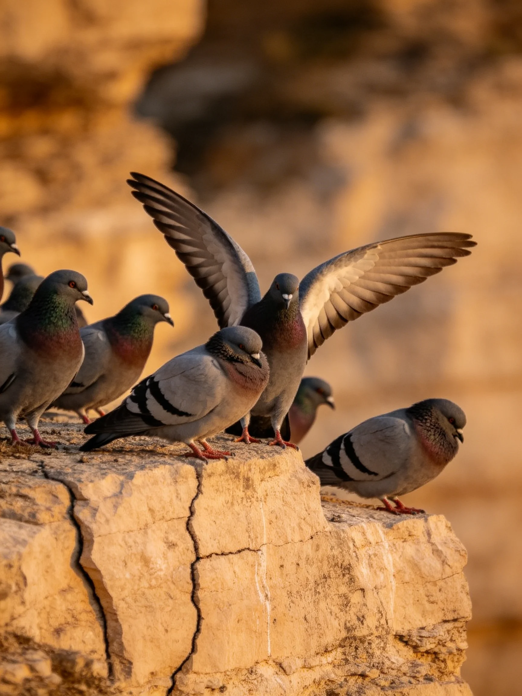 A group of pigeons gathers on a weathered stone cliff in golden light