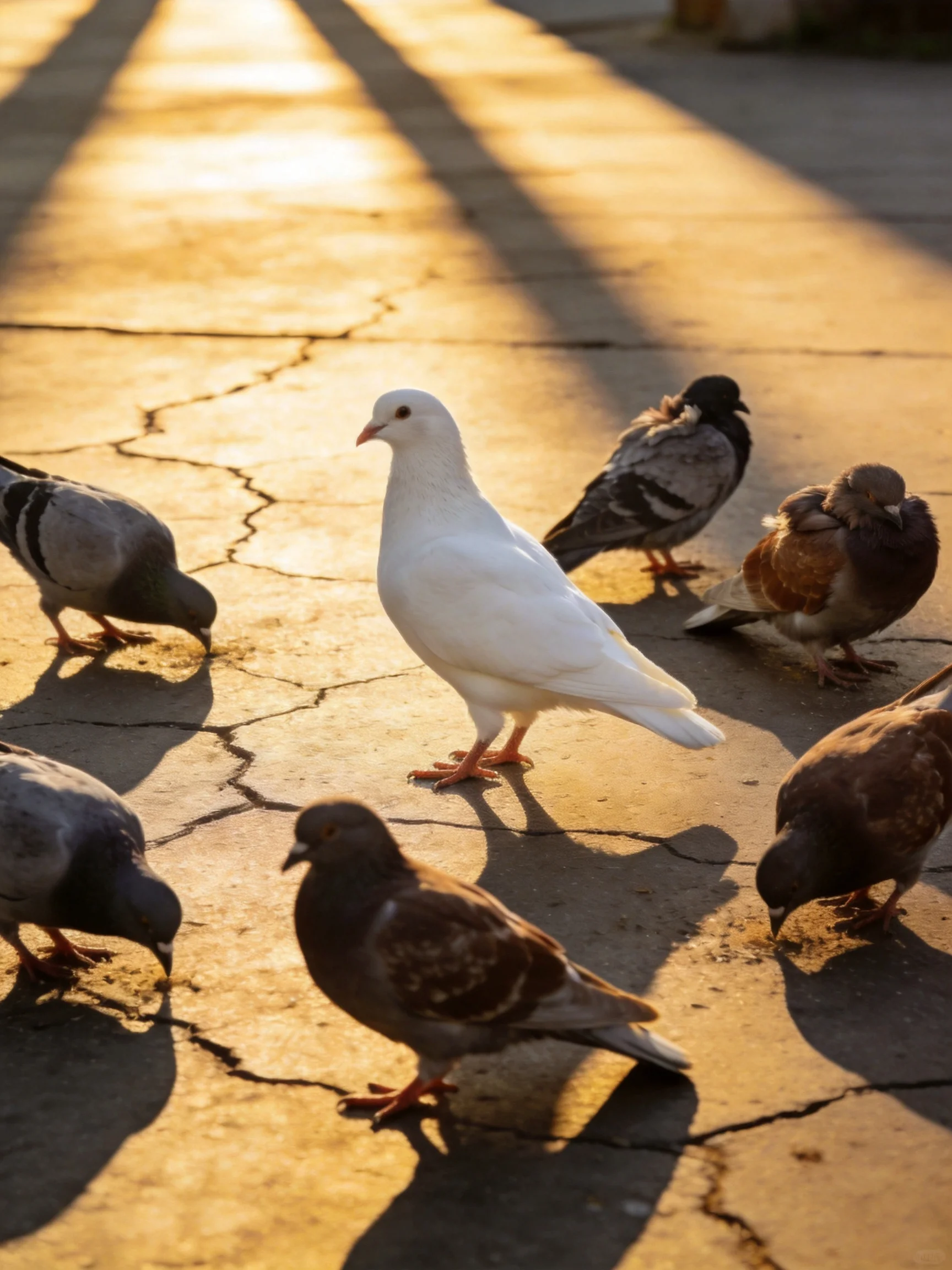 A group of pigeons, including a white one, on a sunlit cracked pavement