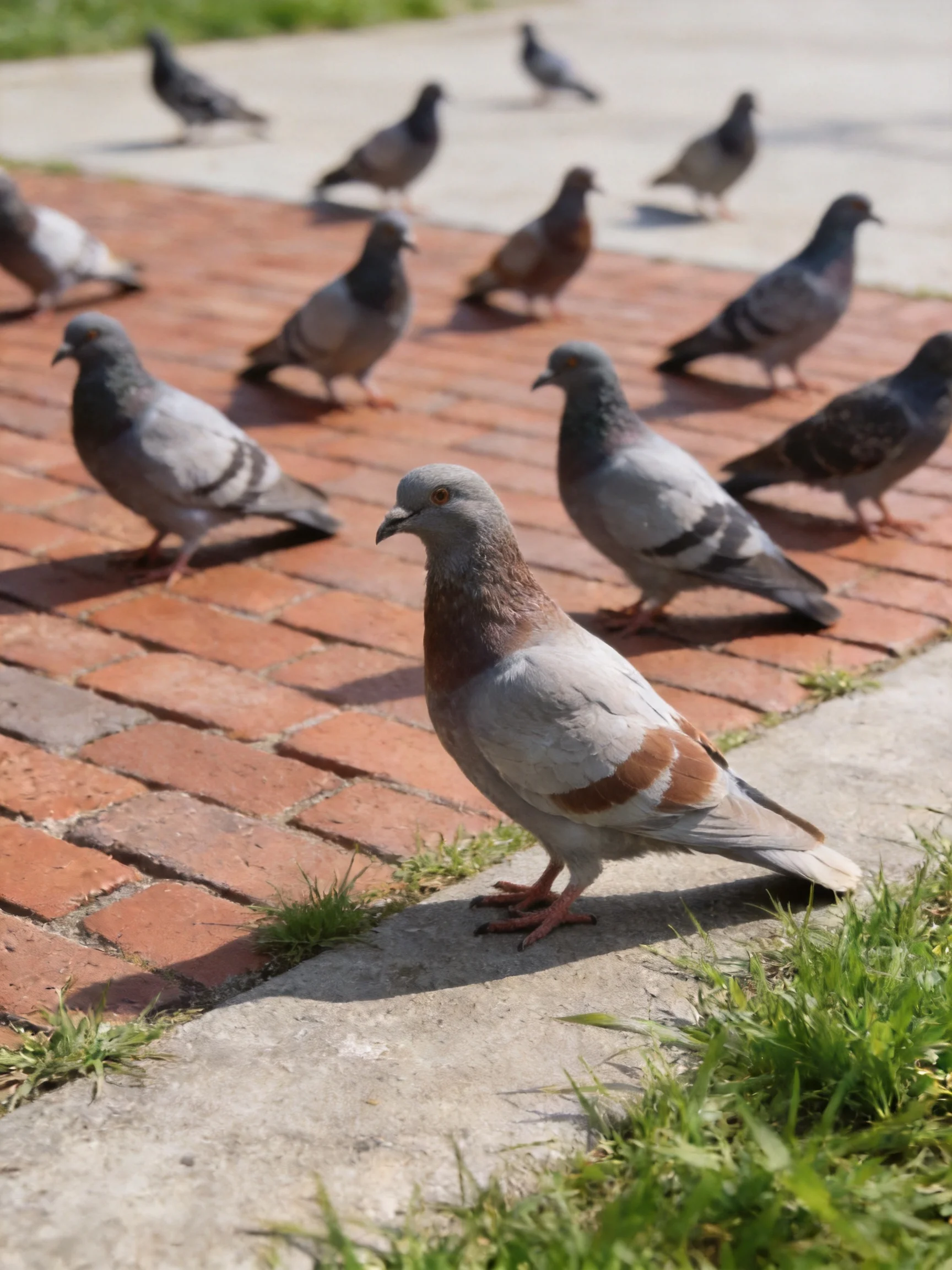 A group of pigeons on a red-brick pavement near grassy areas