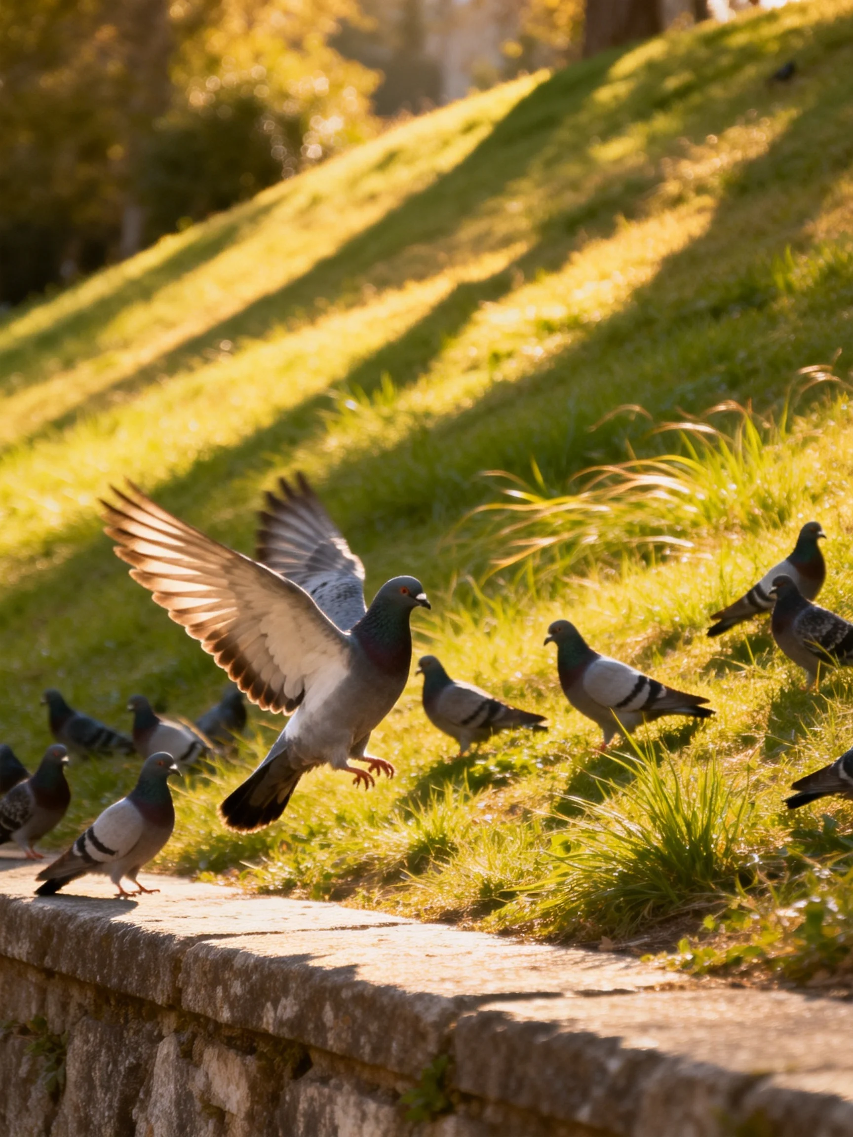 A group of pigeons on a sunlit grassy slope near a stone wall