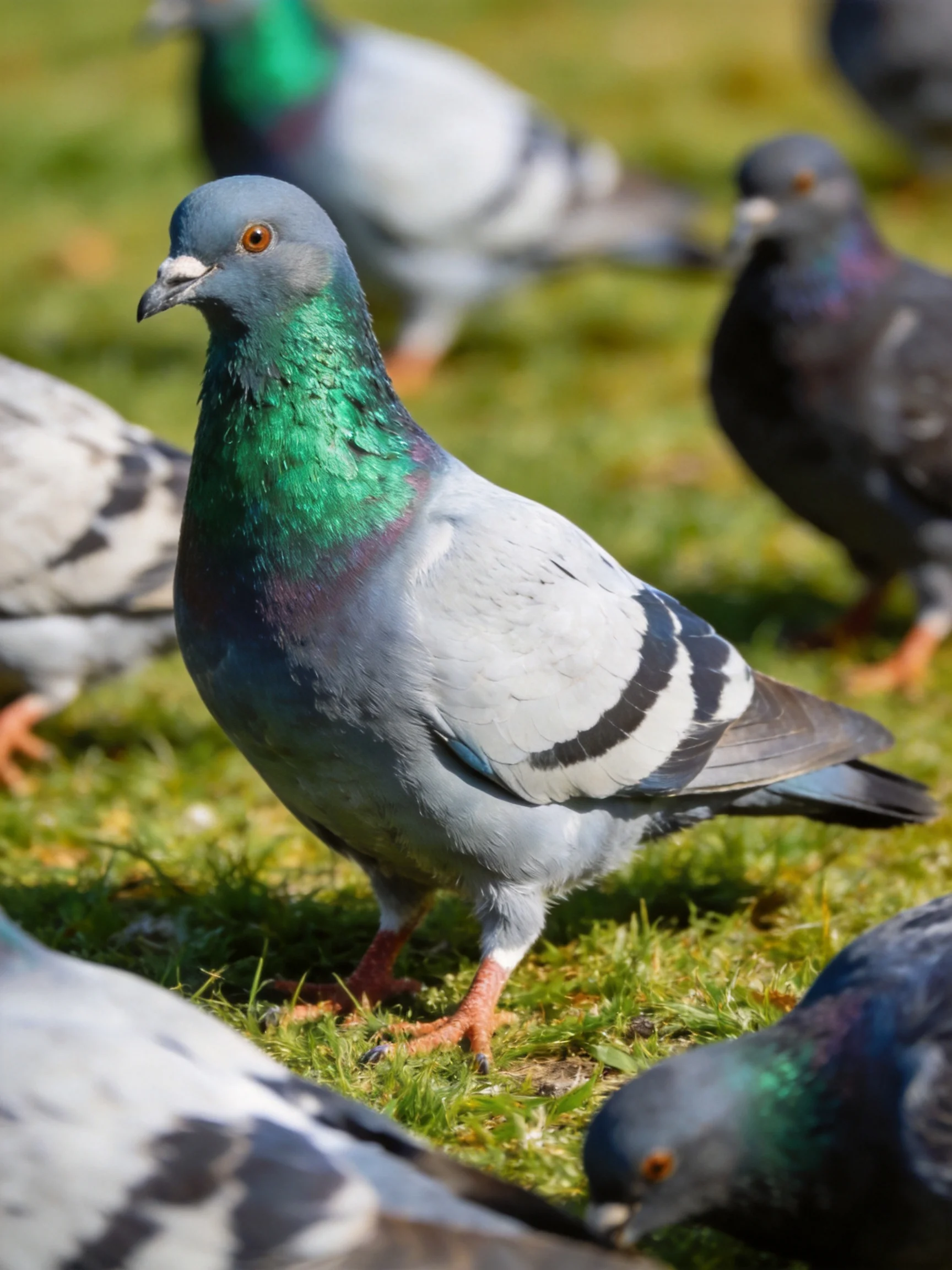 A group of pigeons with iridescent feathers on green grass