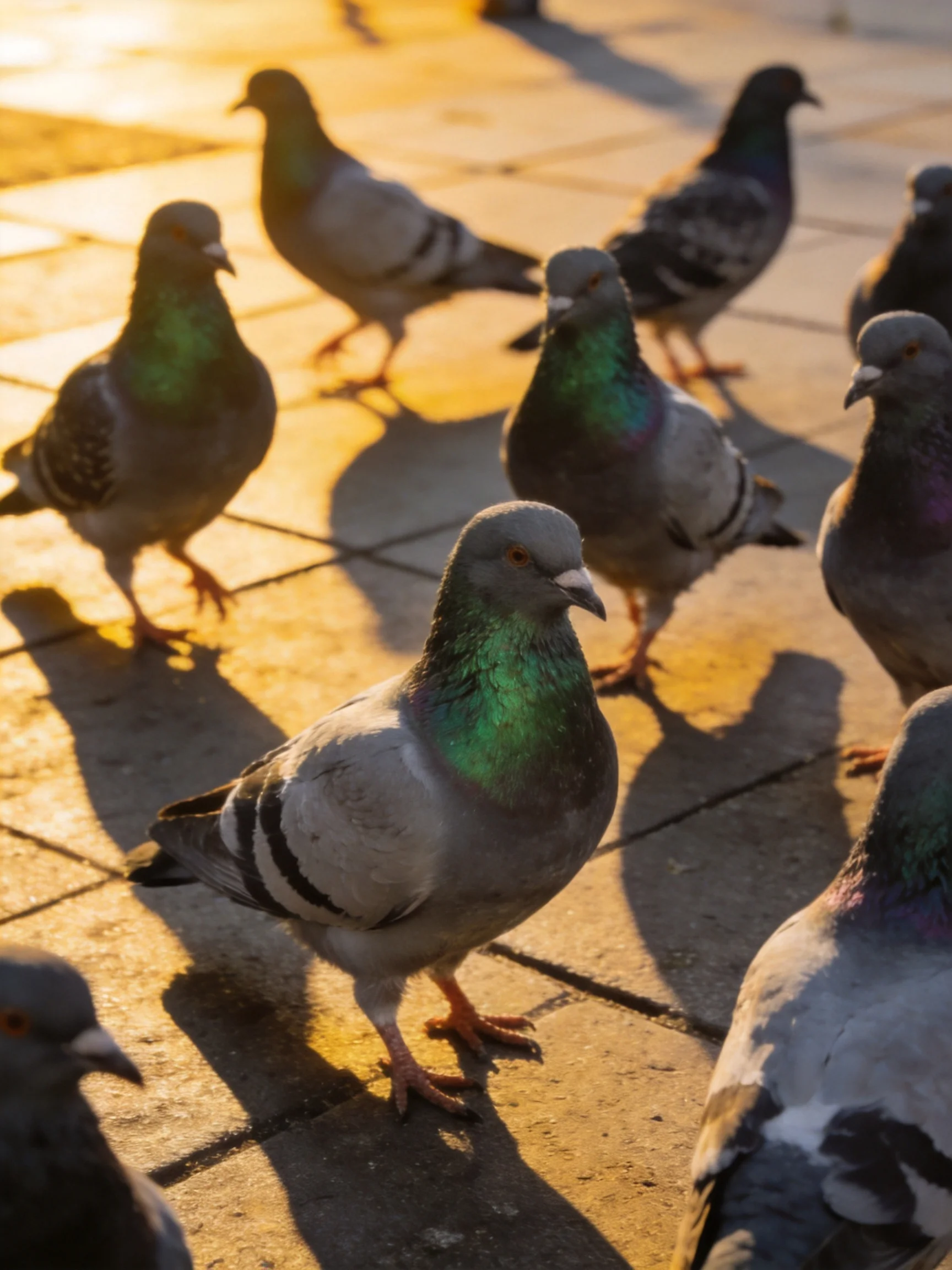 A group of pigeons with iridescent necks on a sunlit pavement