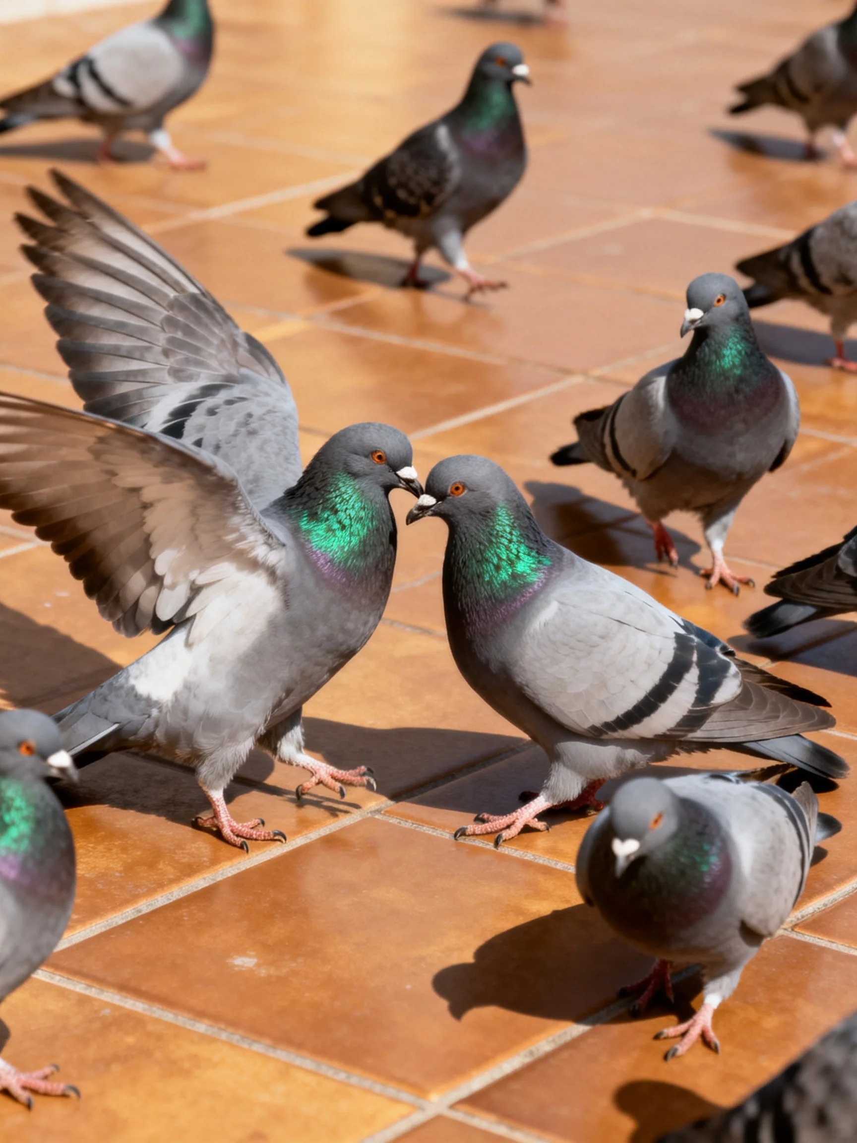 A group of pigeons with iridescent necks on a tiled patio