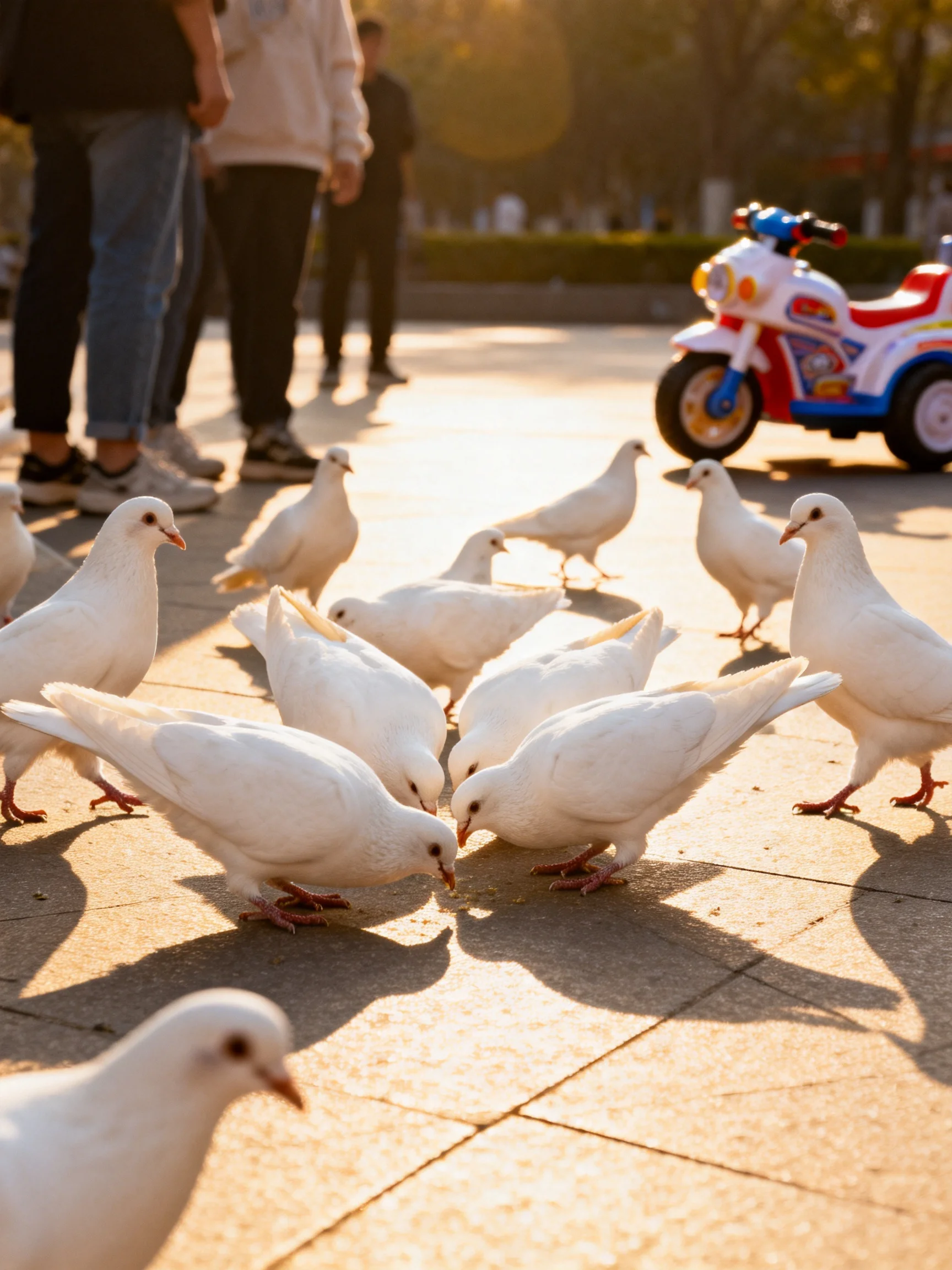 A group of white pigeons gathers near pedestrians and a colorful toy motorcycle
