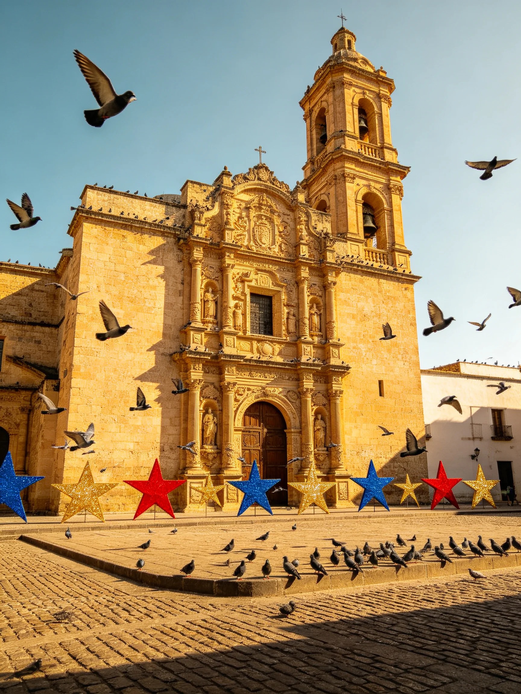 A historic church with colorful star decorations and flying pigeons.