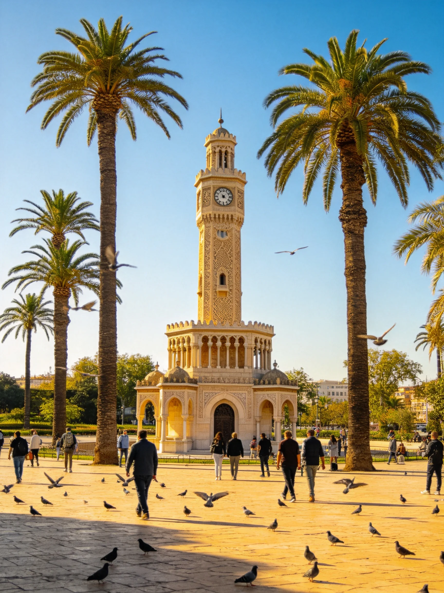 A historic clock tower with ornate design, tall palm trees, and pigeons