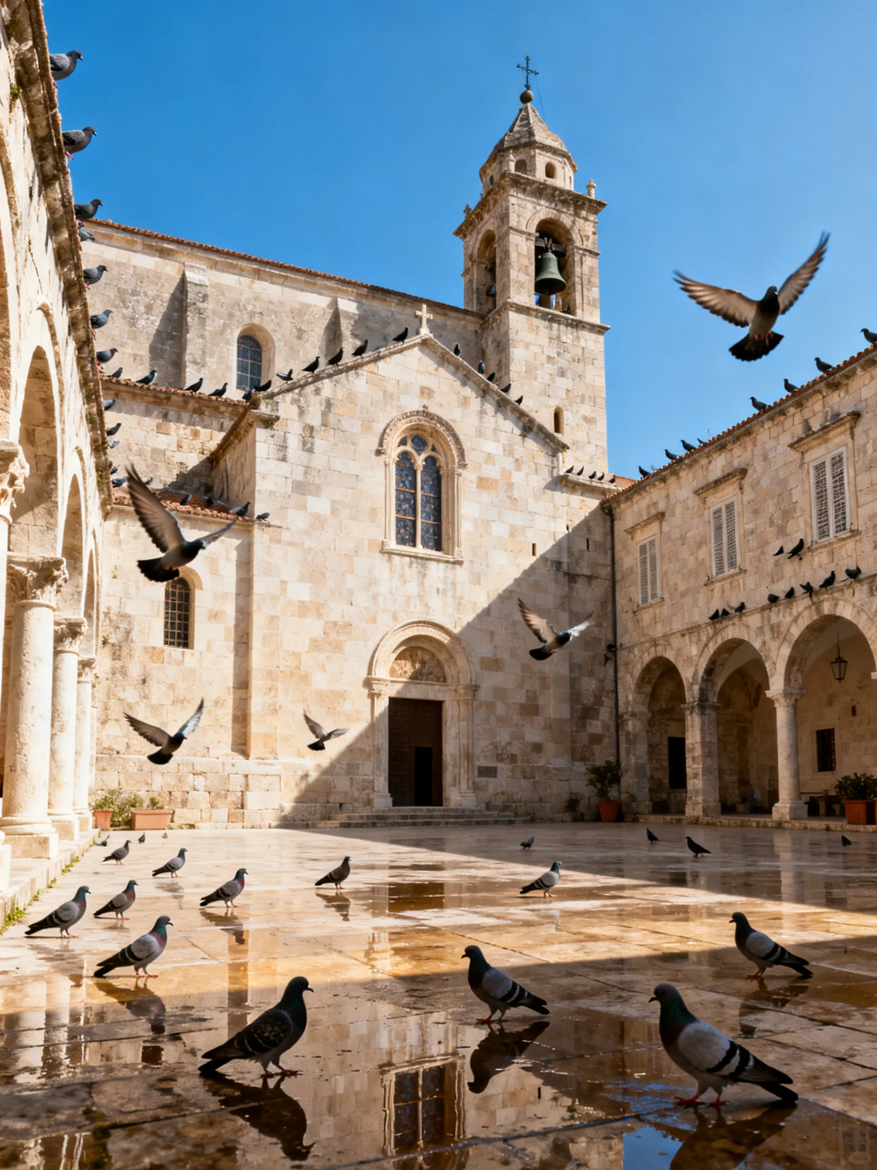 Pigeons gather around and fly near an ancient stone church courtyard.