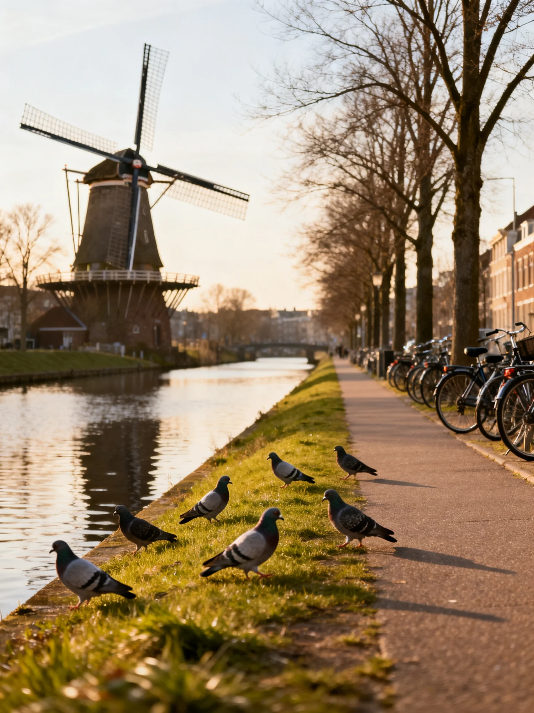 A historic windmill overlooks a canal with six pigeons and parked bicycles