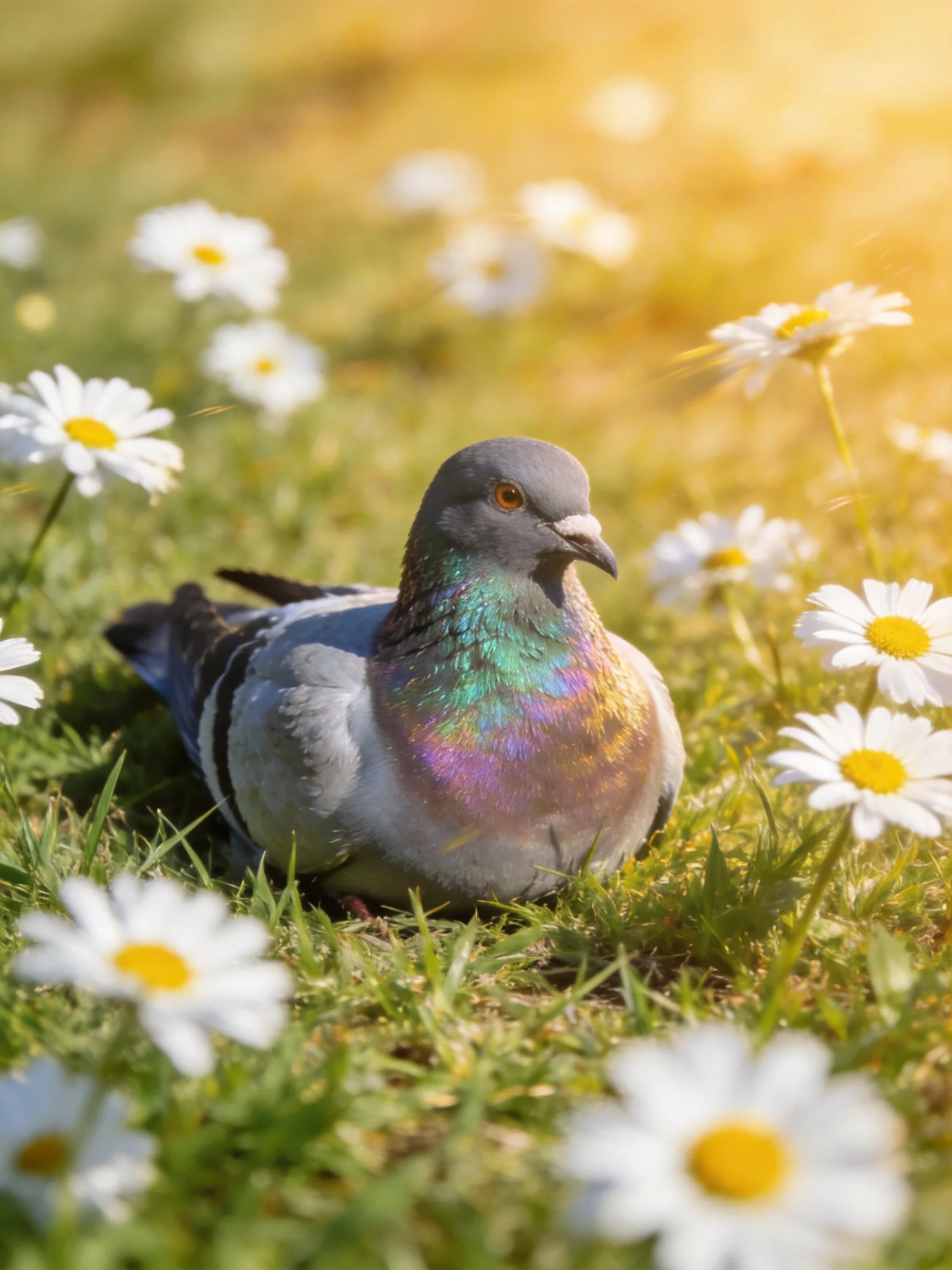 A iridescent pigeon rests among many white daisies on sun-drenched grass