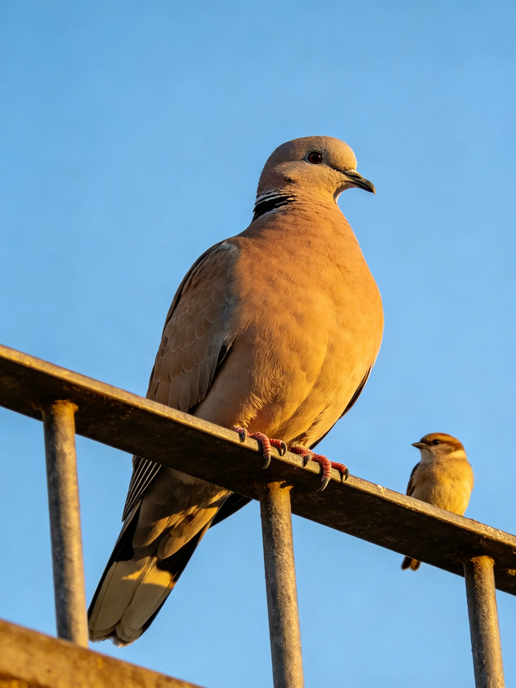 A large brown bird and a small yellow bird sit on a metal railing