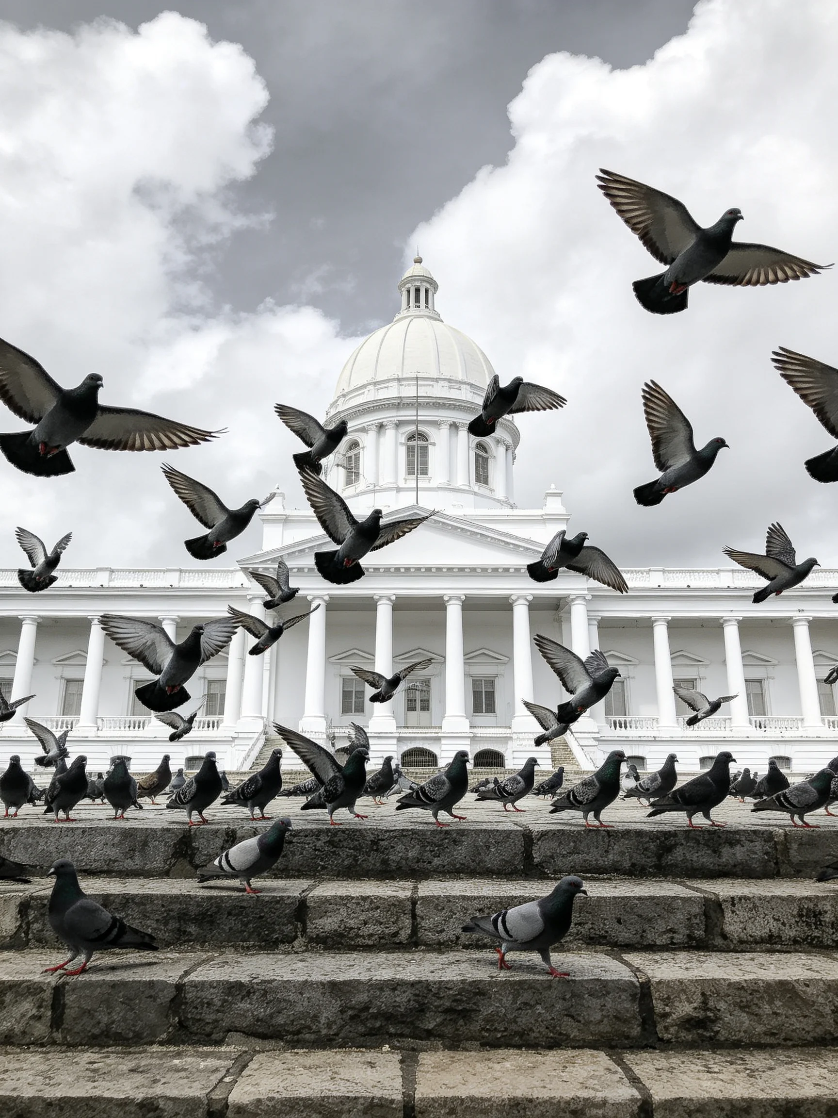 A large flock of dark pigeons surrounds a grand white domed government building