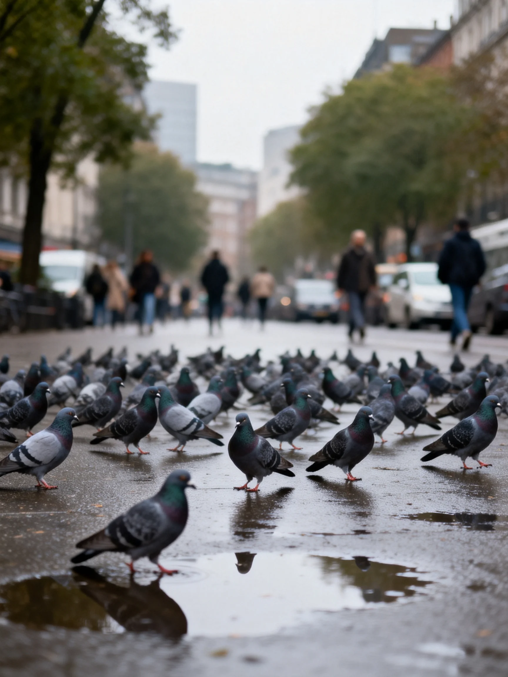 A large flock of gray and iridescent pigeons on a wet city street