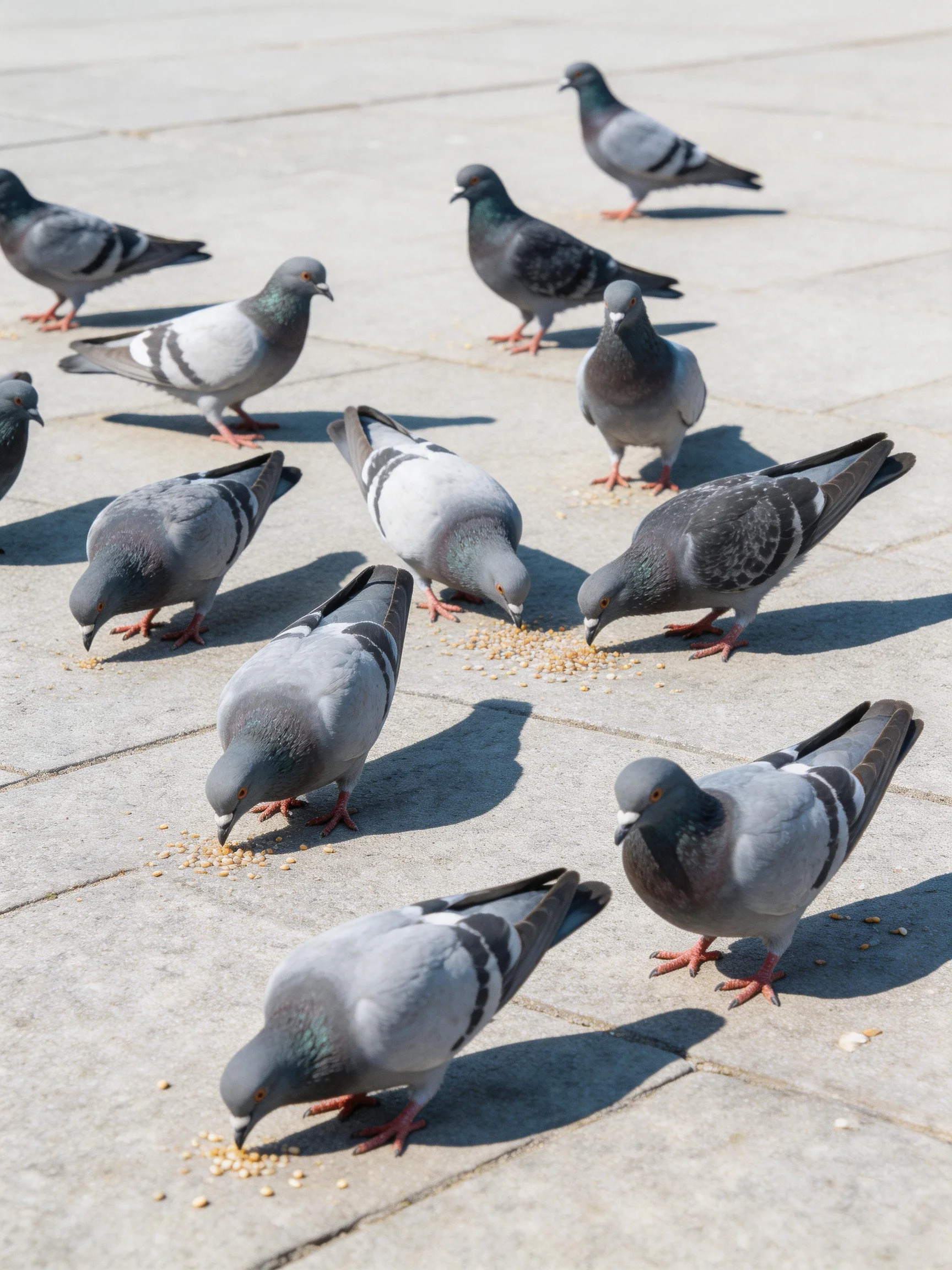 A large group of pigeons pecking seeds on a stone pavement