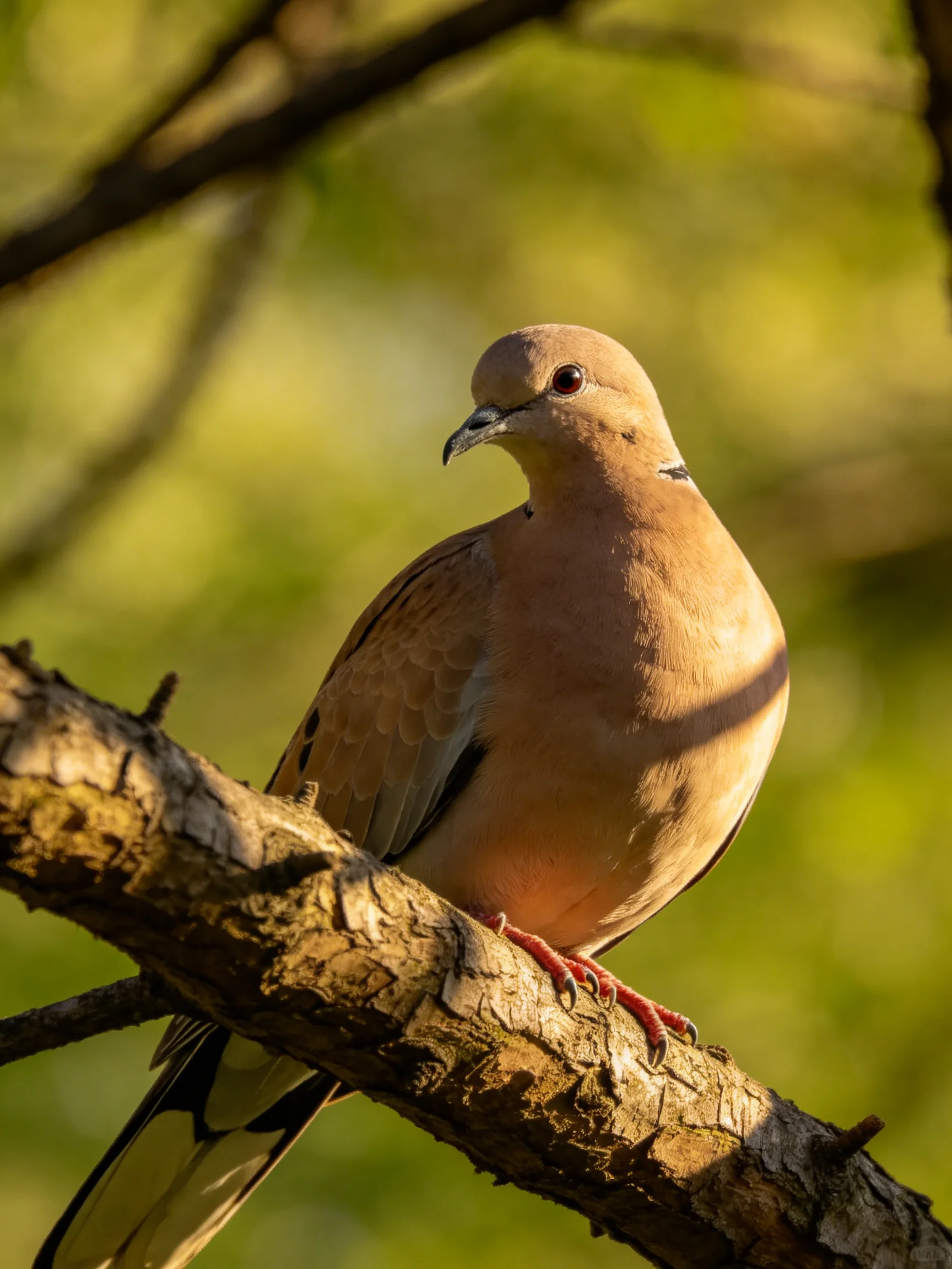 A light-brown dove perches on a gnarled tree branch with green blurred background