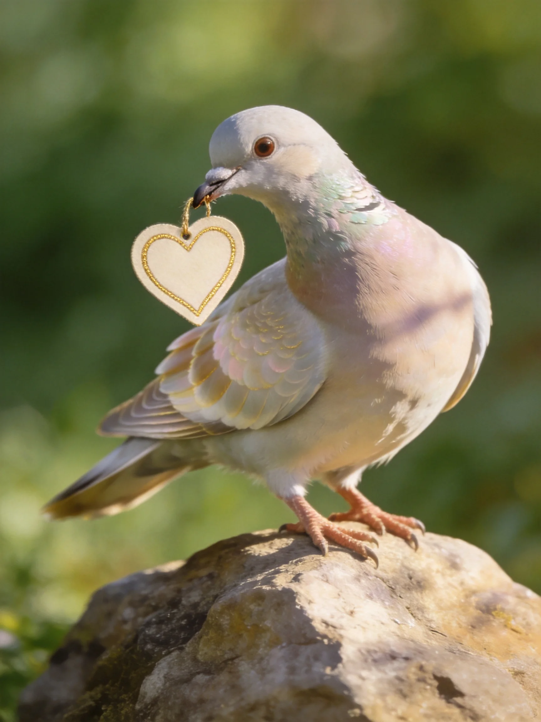 A light gray pigeon perched on a rocky surface with a heart-shaped ornament