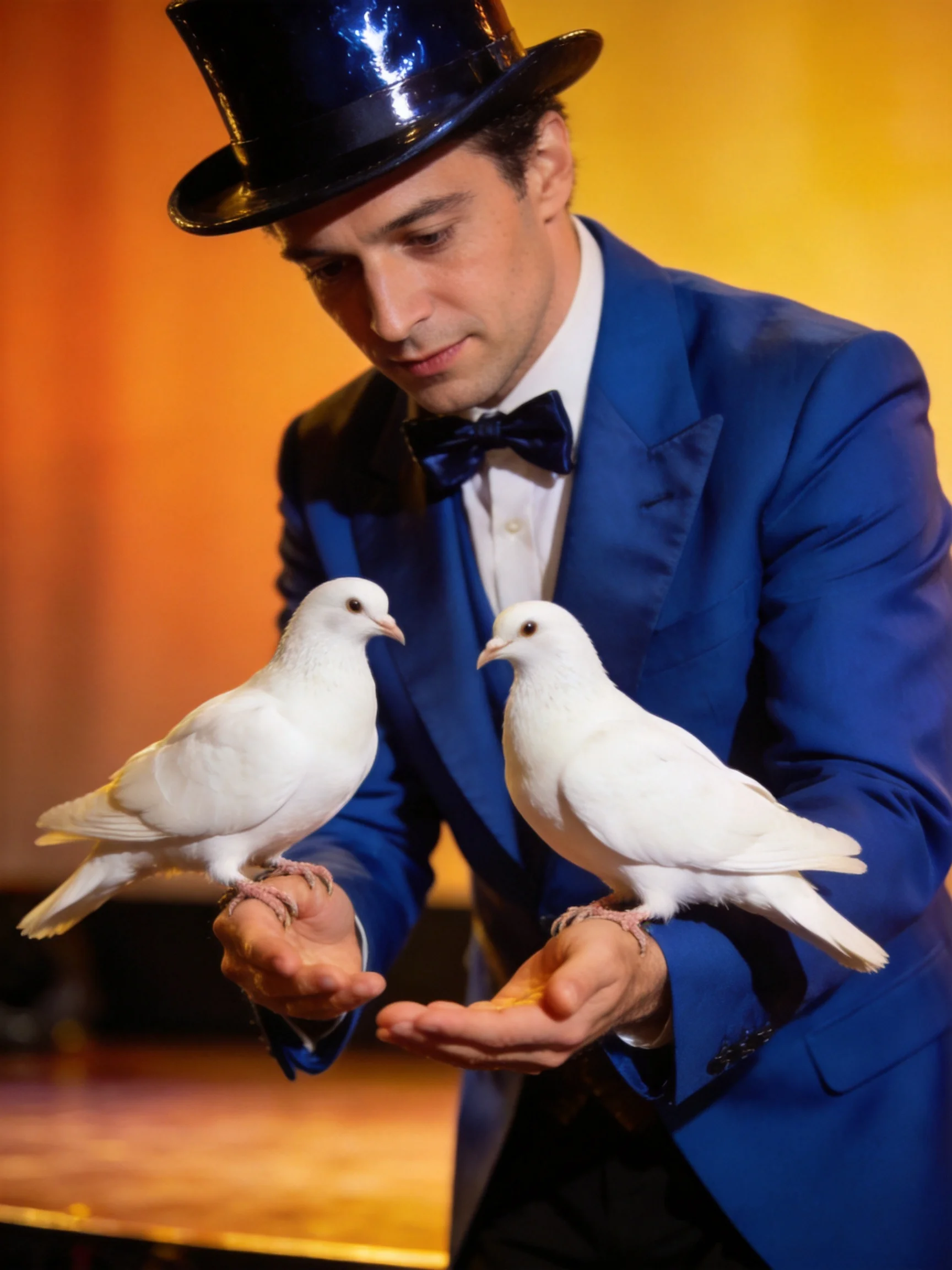 A magician in a blue suit holds two white pigeons with a black top hat