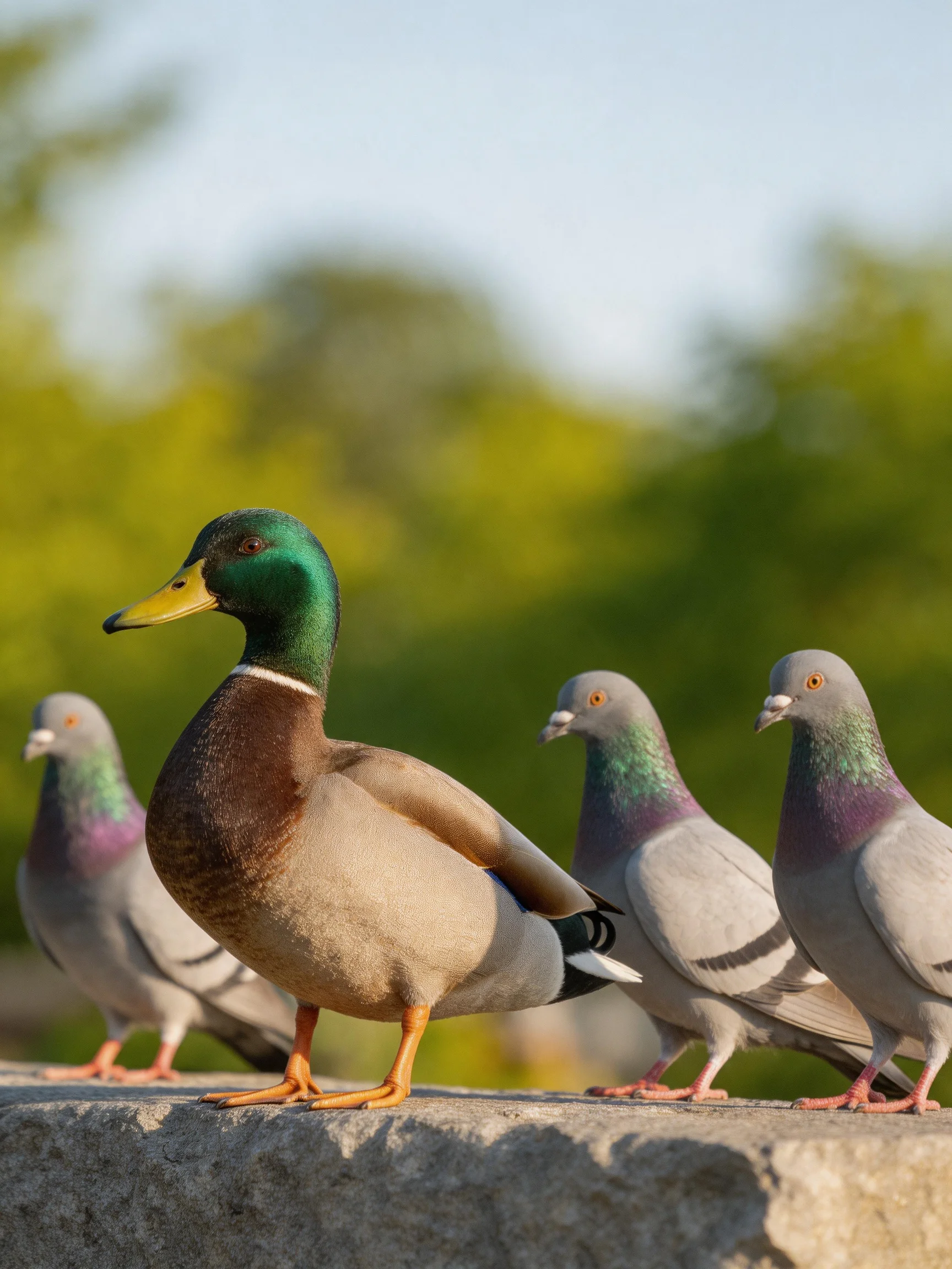 A mallard duck is accompanied by gray pigeons on a stone ledge.