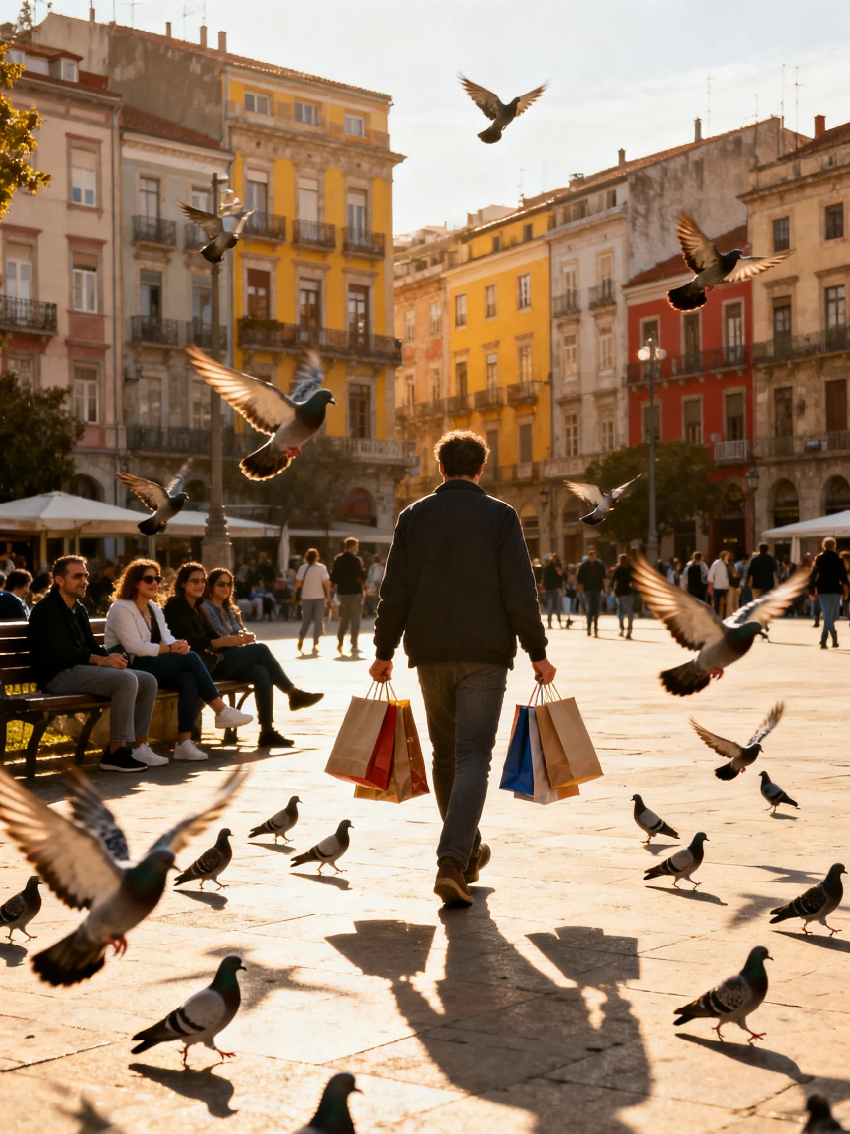 A man carrying colorful shopping bags amid many pigeons in a sunlit square