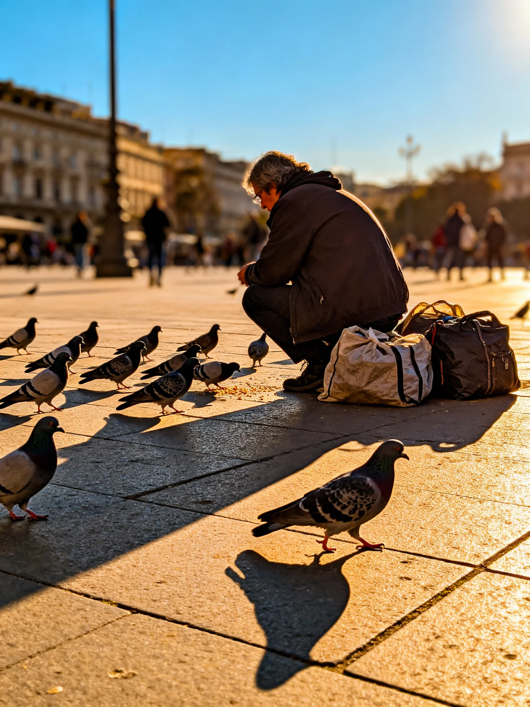 A man crouches feeding pigeons in a sunlit city square