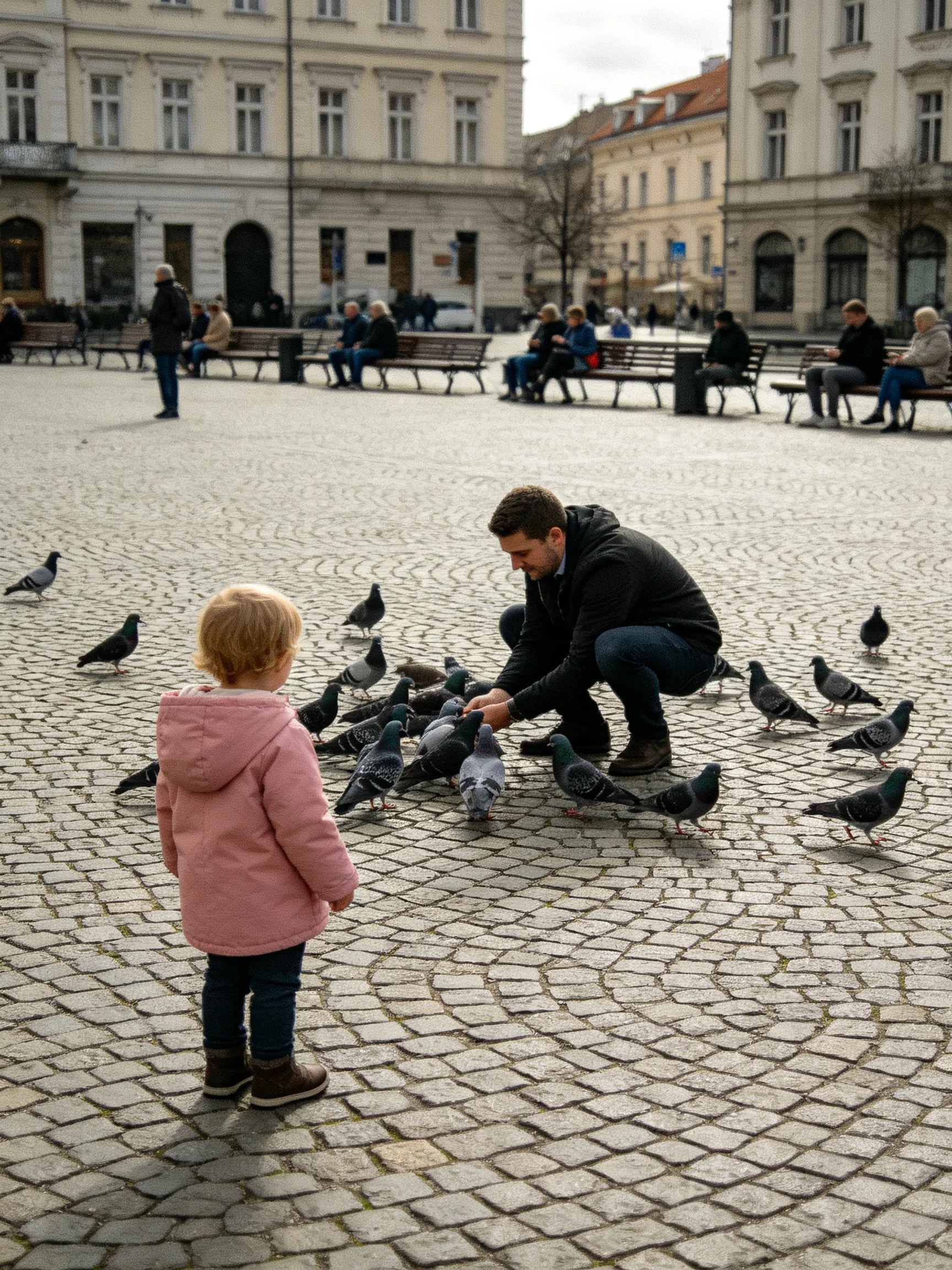 A man feeds pigeons near a child in a pink coat on cobblestones