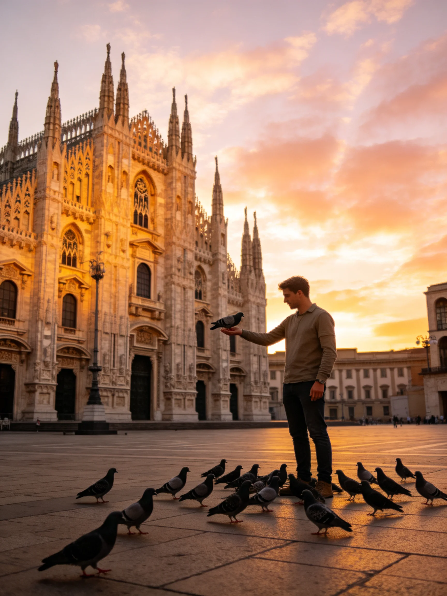 A man feeds pigeons near a grand Gothic cathedral at sunset