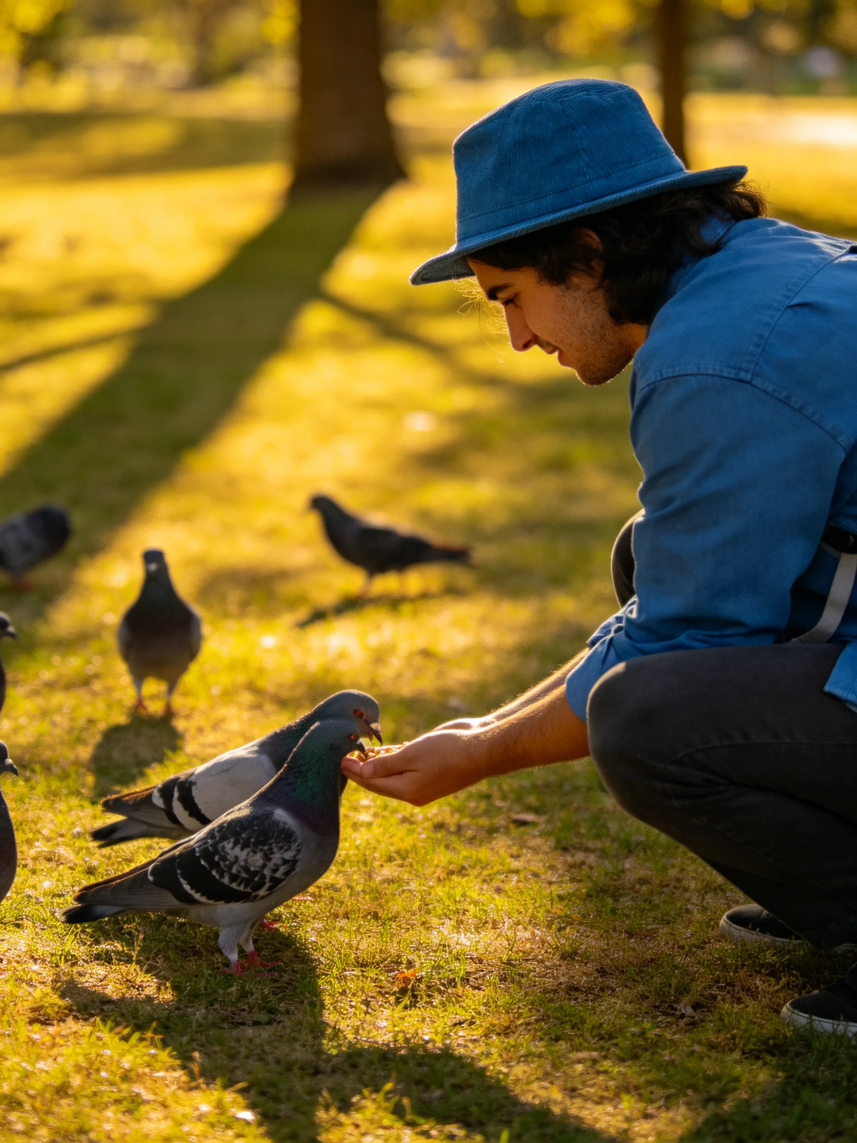 A man in a blue hat feeds multiple pigeons in a sunlit park