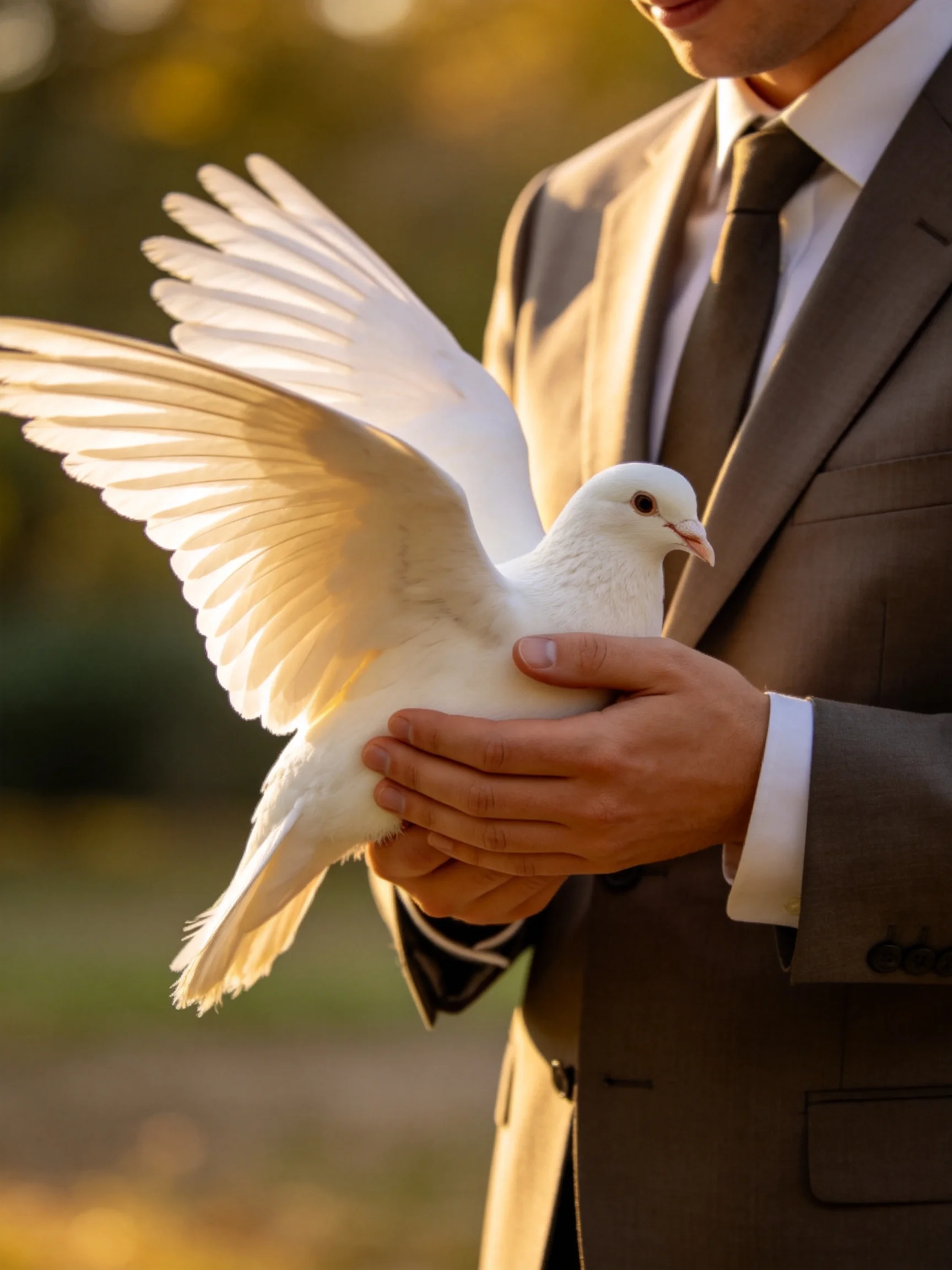 A man in a gray suit holds a white dove with outstretched wings