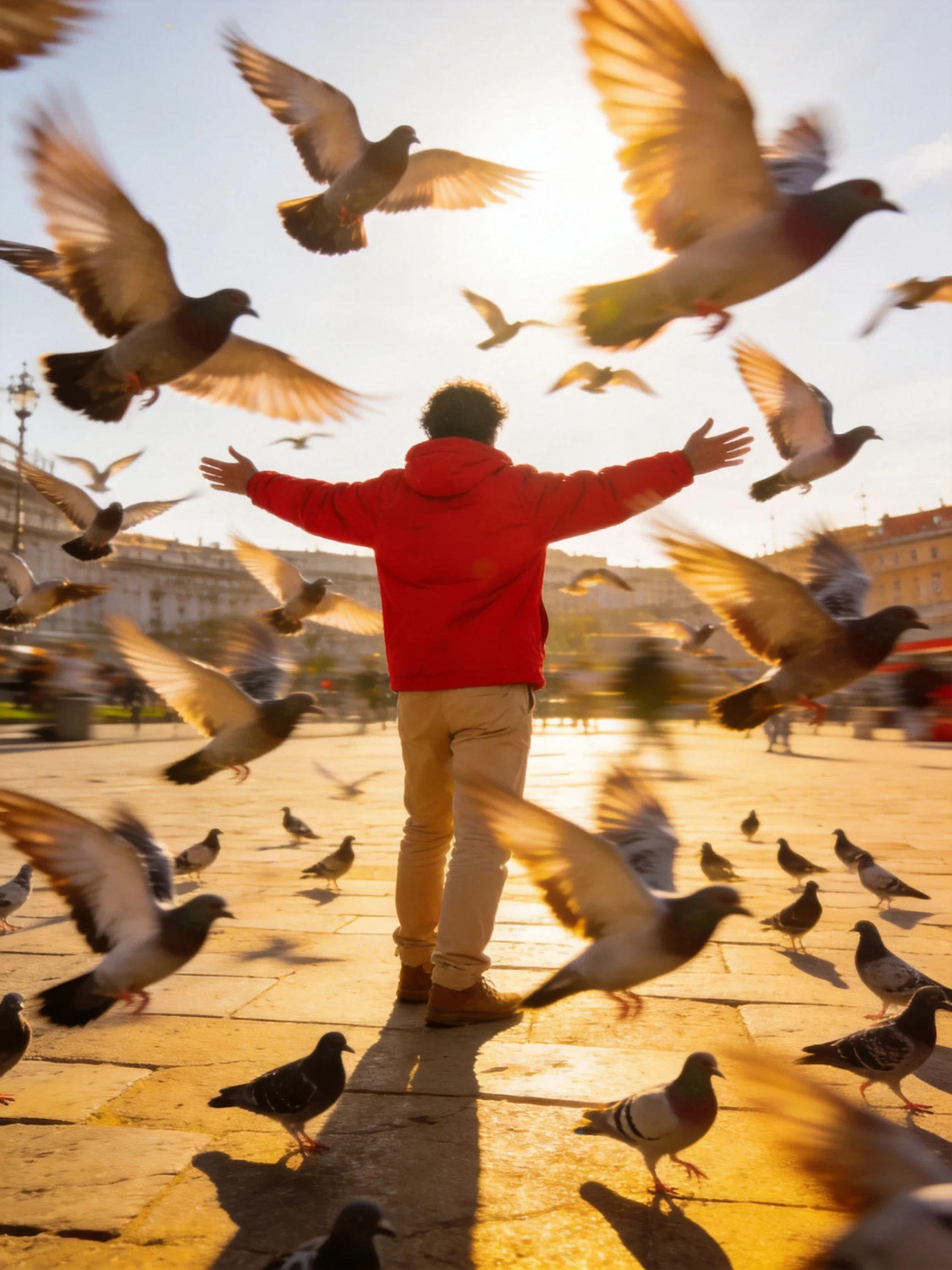 A man in a red hoodie surrounded by many pigeons in a sunlit plaza