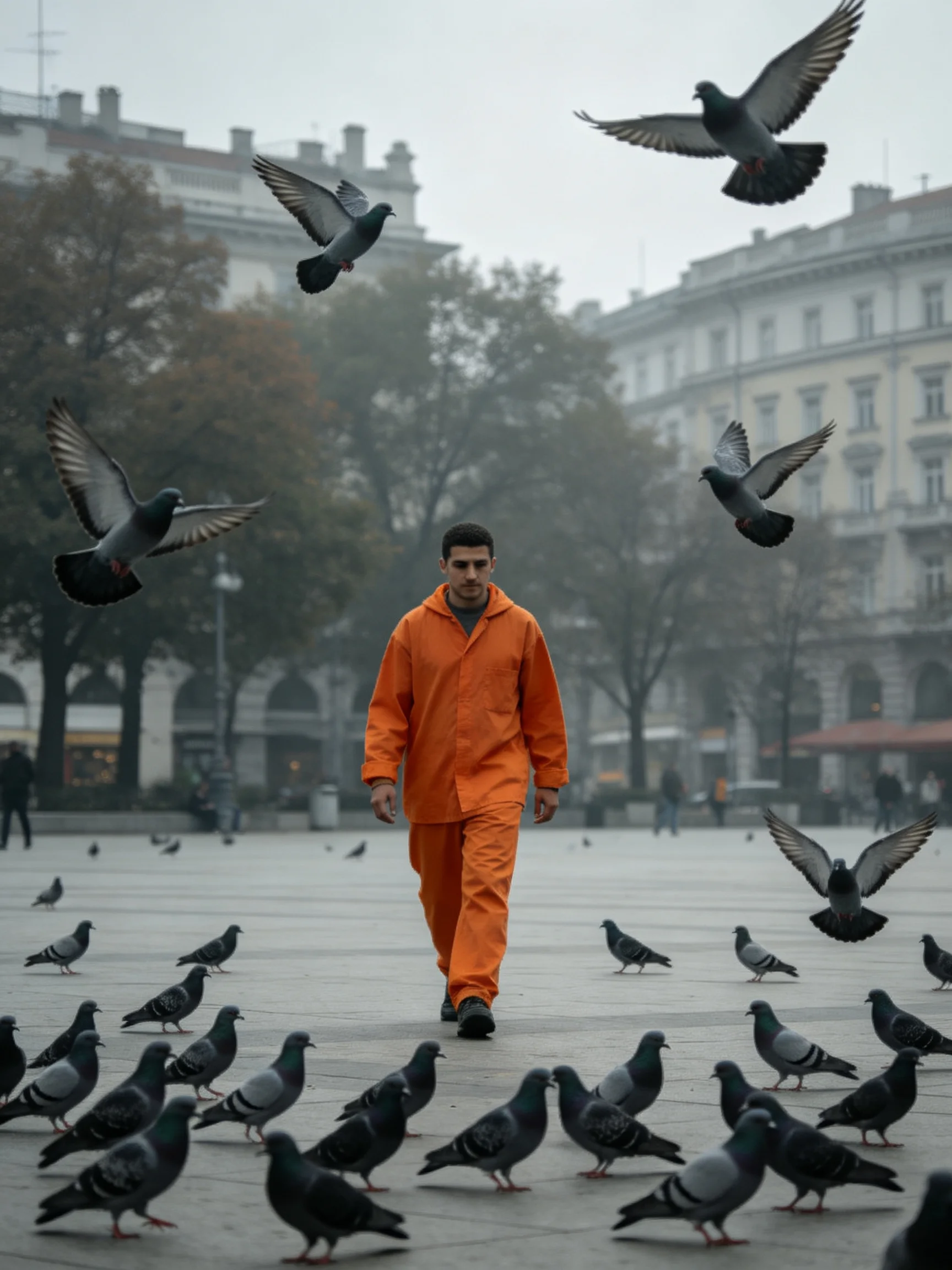 A man in an orange jumpsuit walks through a square filled with pigeons