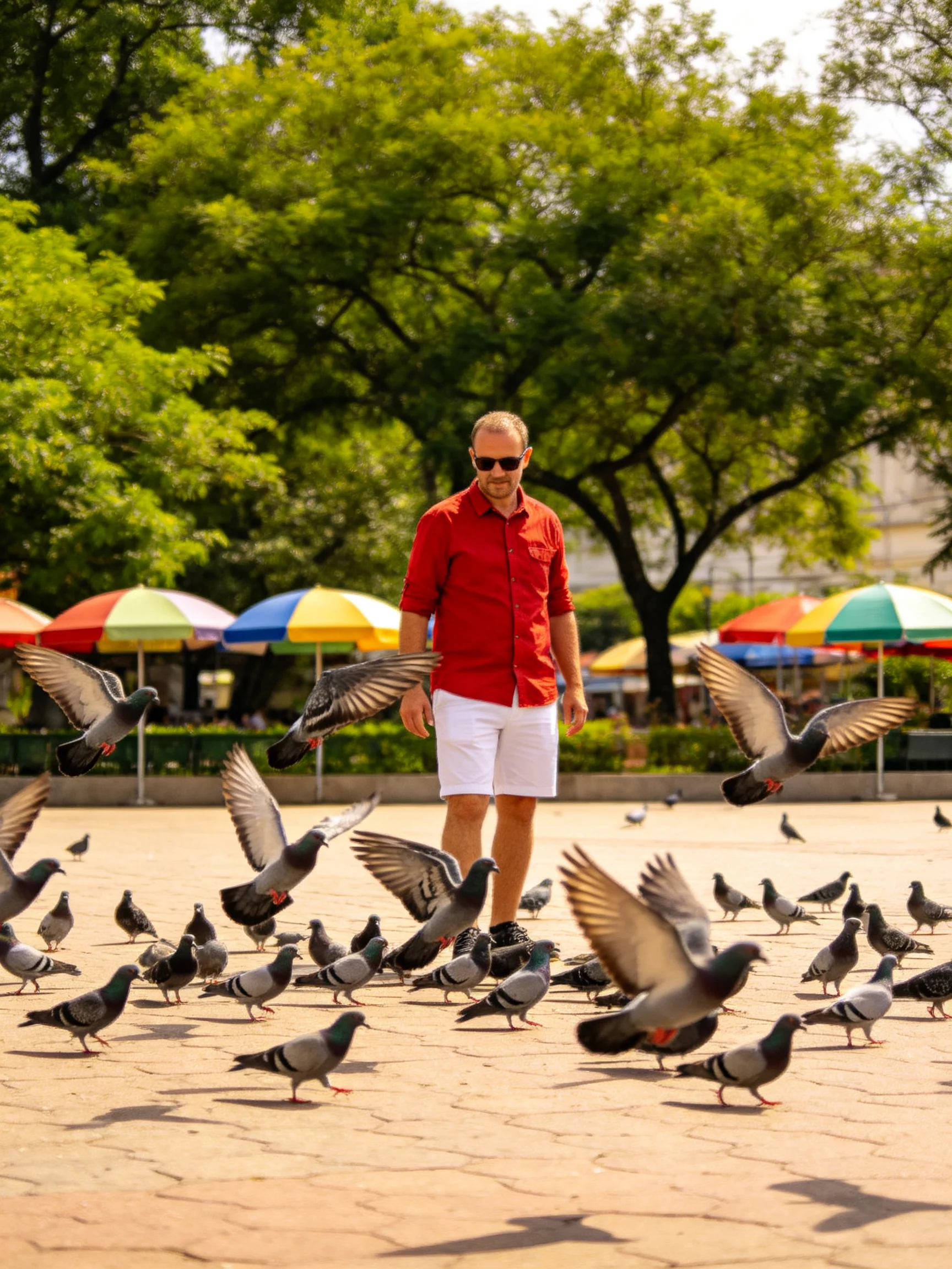 A man in red shirt among many pigeons near colorful umbrellas